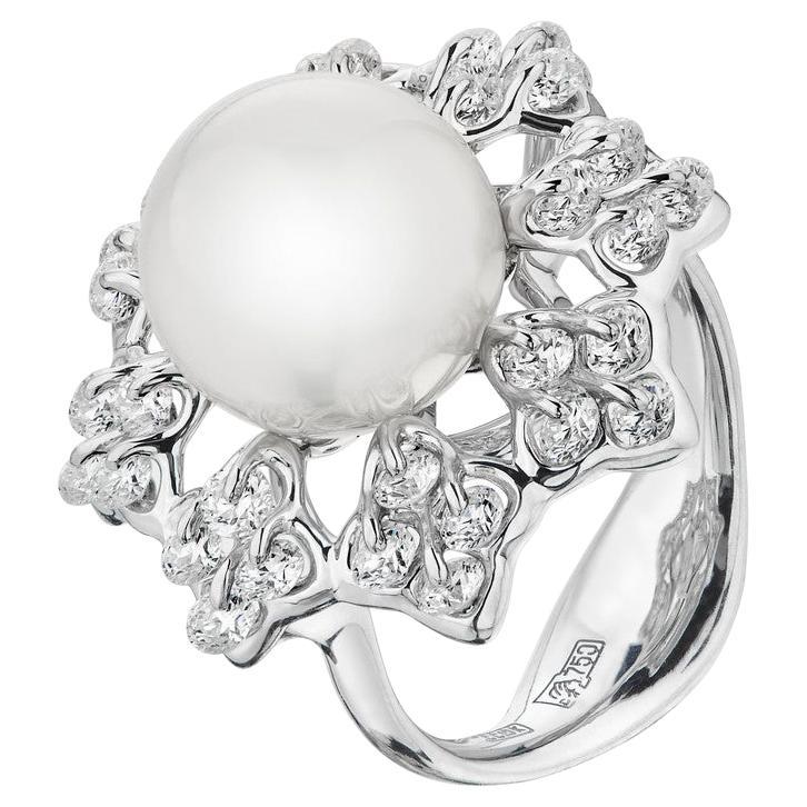 Moiseikin 18 Karat White Gold Round South Sea Pearl and Diamond Ring For Sale