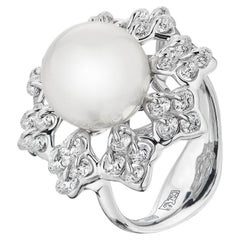 Moiseikin 18 Karat White Gold Round South Sea Pearl and Diamond Ring