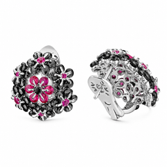 Boucles d’oreilles MOISEIKIN en or blanc 18 carats, avec rubis et diamants noirs