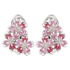 18K White Gold Sakura Floral  Spinel Sapphire Earrings