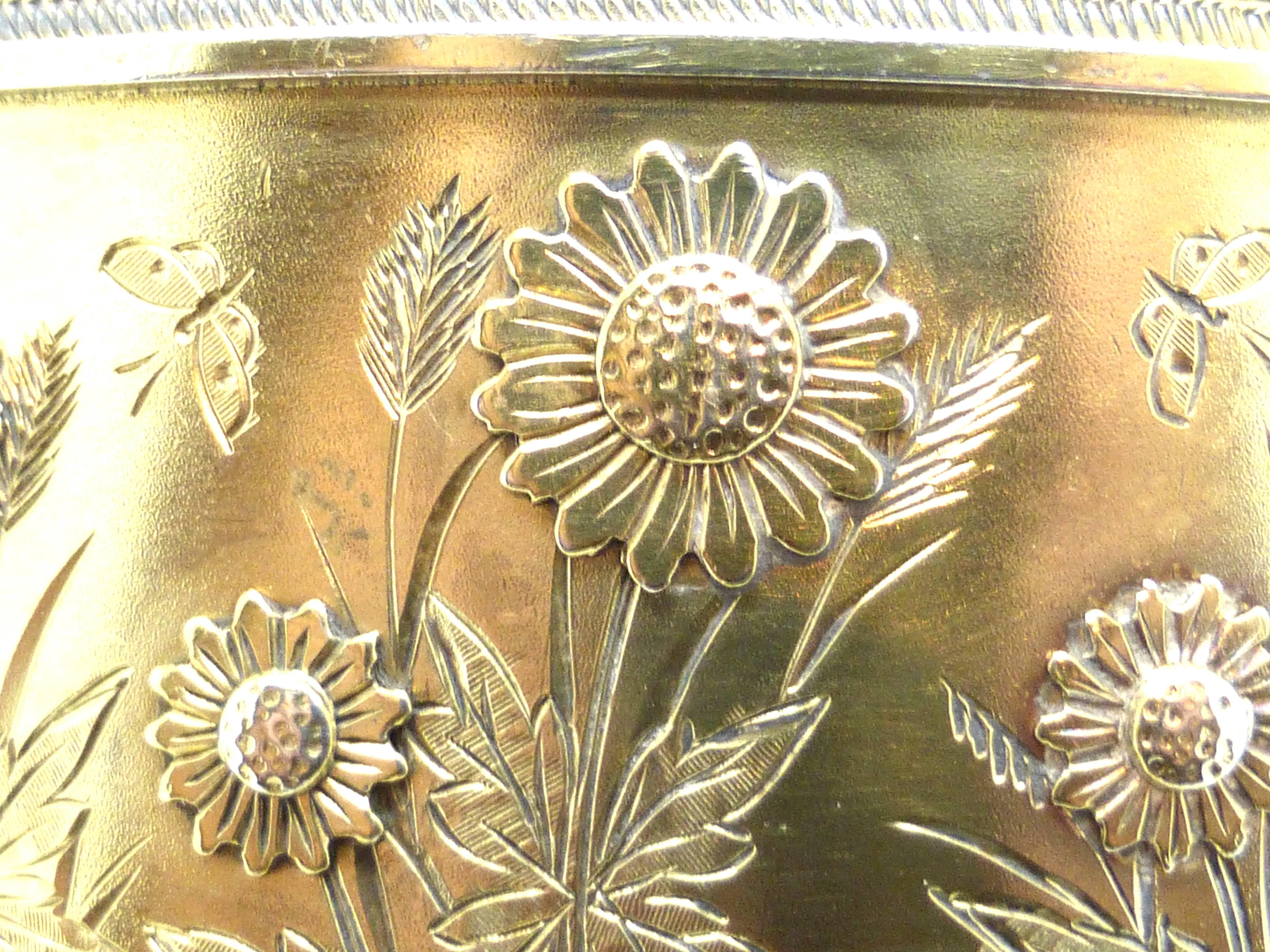 Victorian, sterling silver - gilt (unmarked, but tested), bangle bracelet, with applied flowers, England, Ca. 1880's. Scalloped borders; lovely etched work. @1 1/4