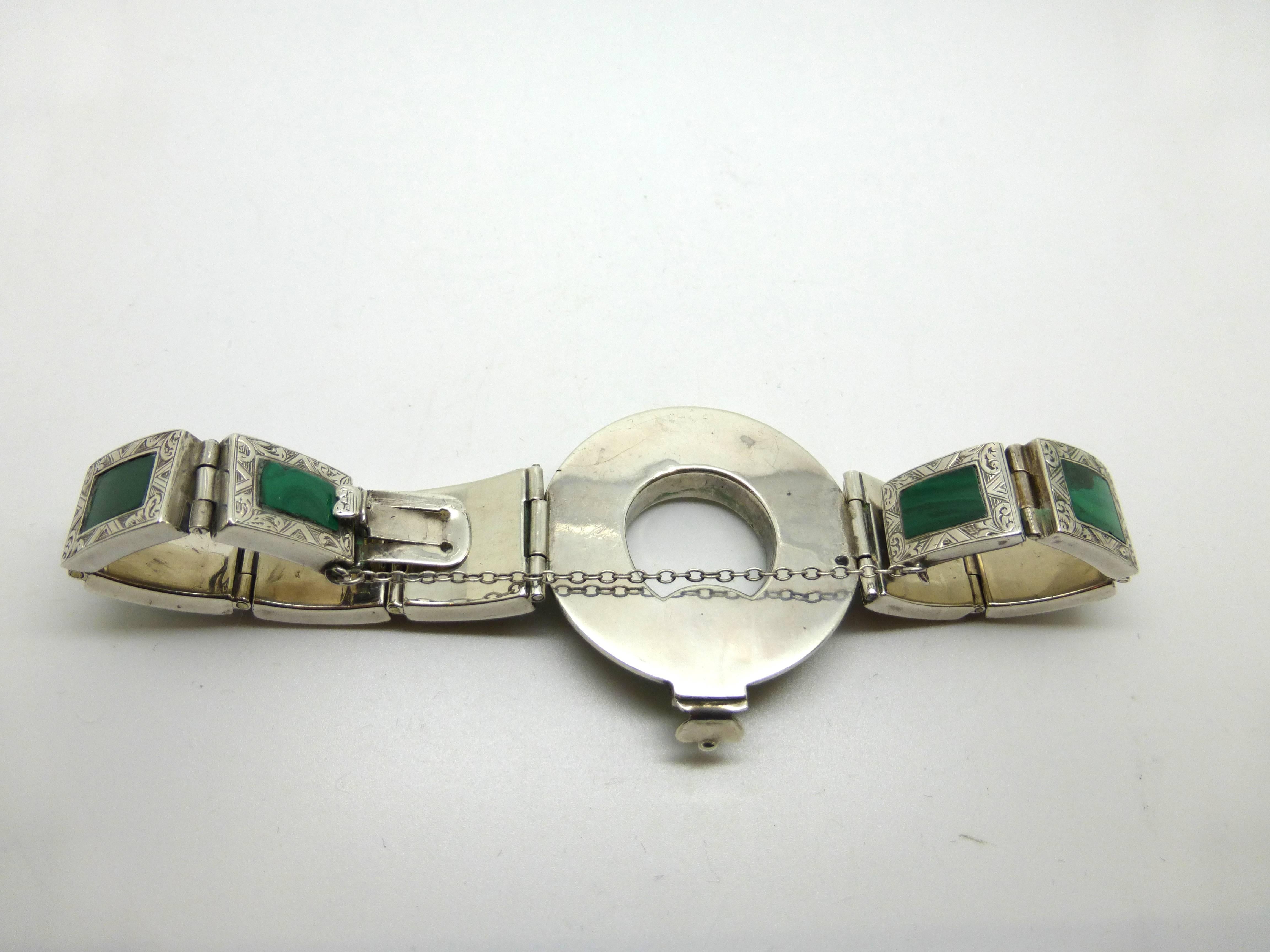 Rare and unusual, Victorian, sterling silver-mounted (unmarked, but tested) Scottish agate (Malachite)  bracelet, Scotland, Ca. 1880's - 1890's. Sterling silver has beautiful etched design. Round section measures @1 1/2