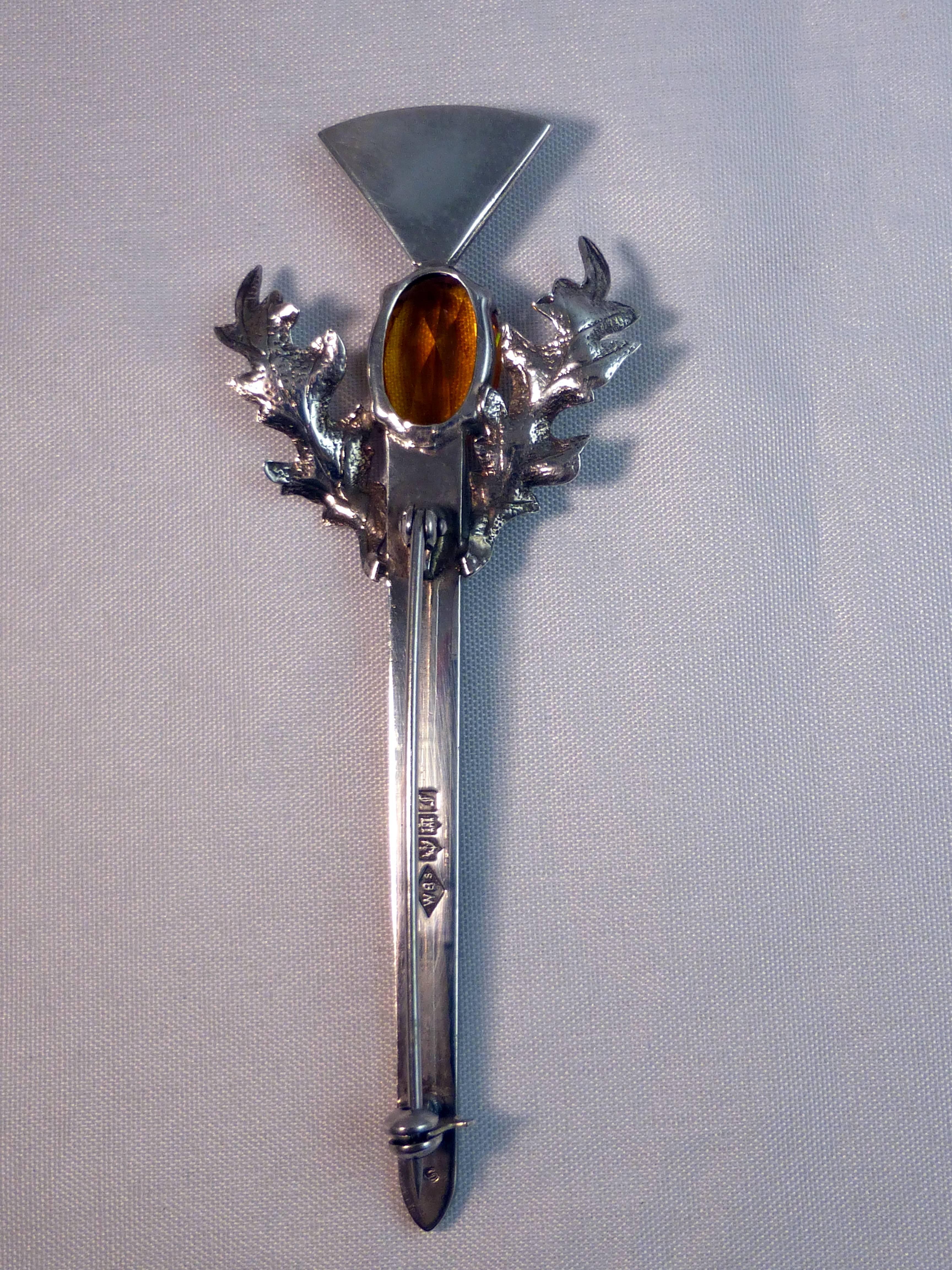 Victorian Large Mounted Scottish Agate Sterling Silver Kilt Pin/Brooch