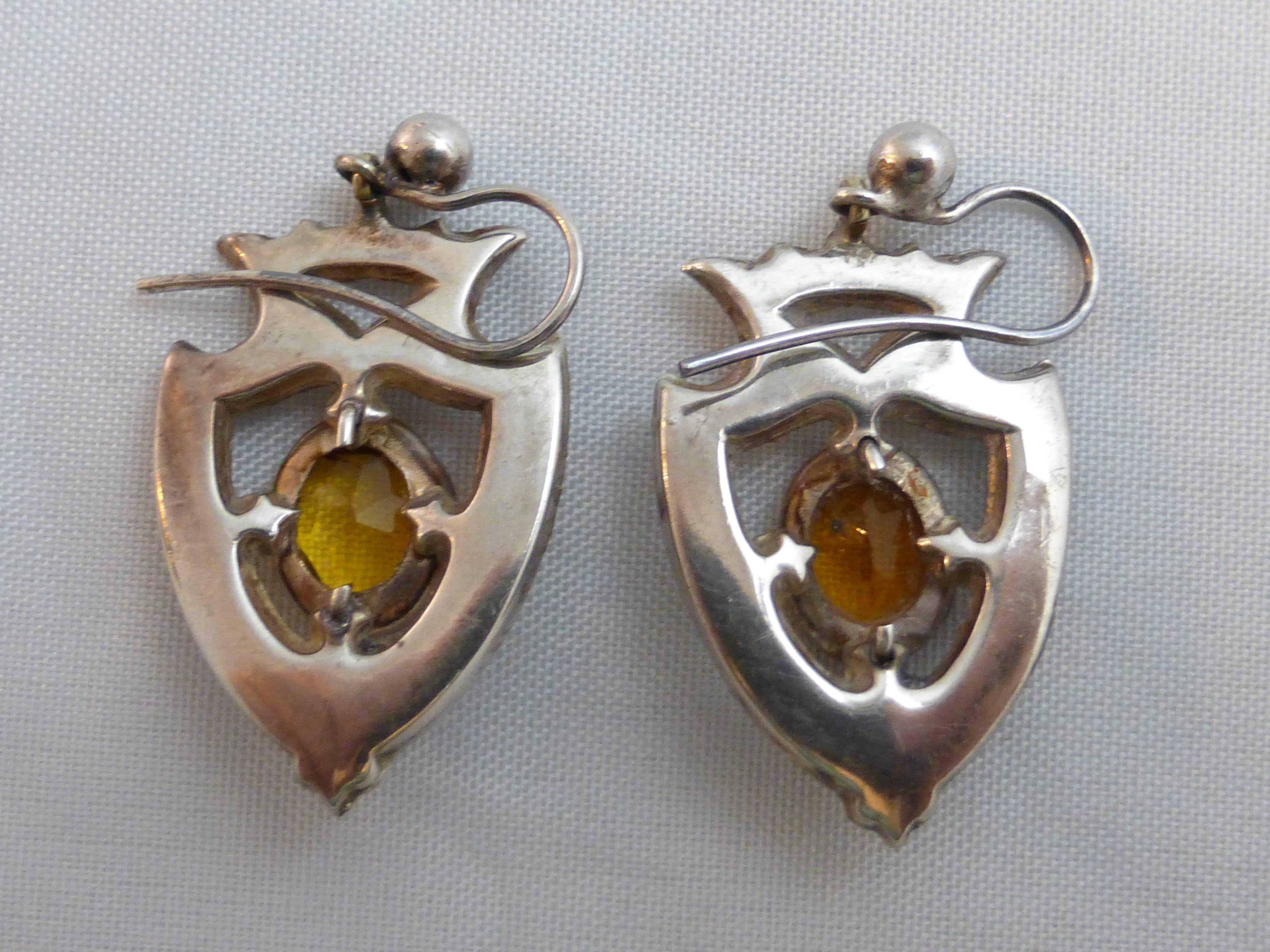 Unusual, Victorian, sterling silver - mounted (unmarked, but tested), Scottish Agate, shield form hanging earrings with central cairngorm in each, Scotland, Ca. 1880's. @1 1/4