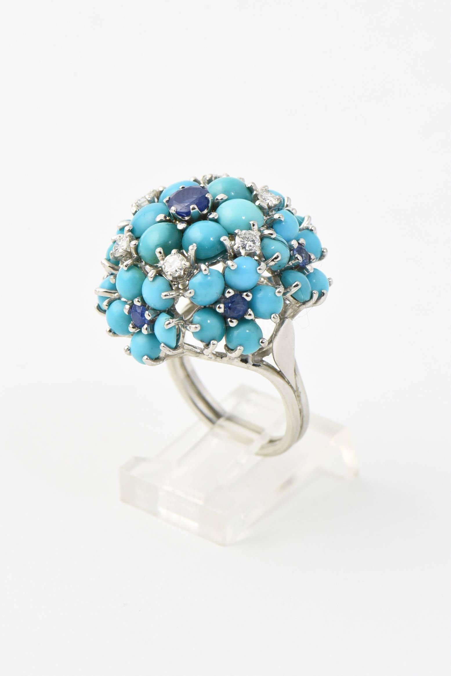 Mid 20th Century Sapphire, Turquoise and Diamond Gold Flower Dome Cocktail Ring In Excellent Condition In Miami Beach, FL