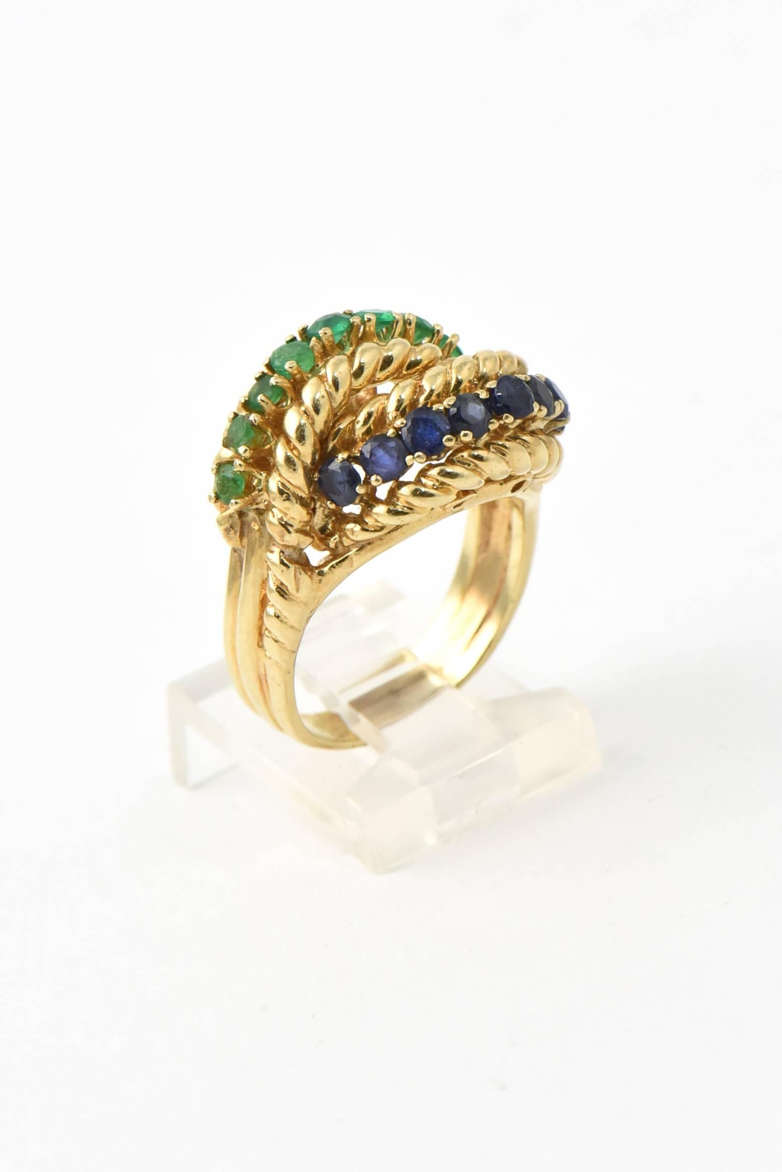 1960s Twisted interlinked 14k yellow gold rope ring accented by a section of prong set emeralds and sapphires.

US size 7.25 - it can be sized