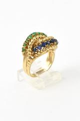 1960s Emerald Sapphire Twisted Rope Gold Ring