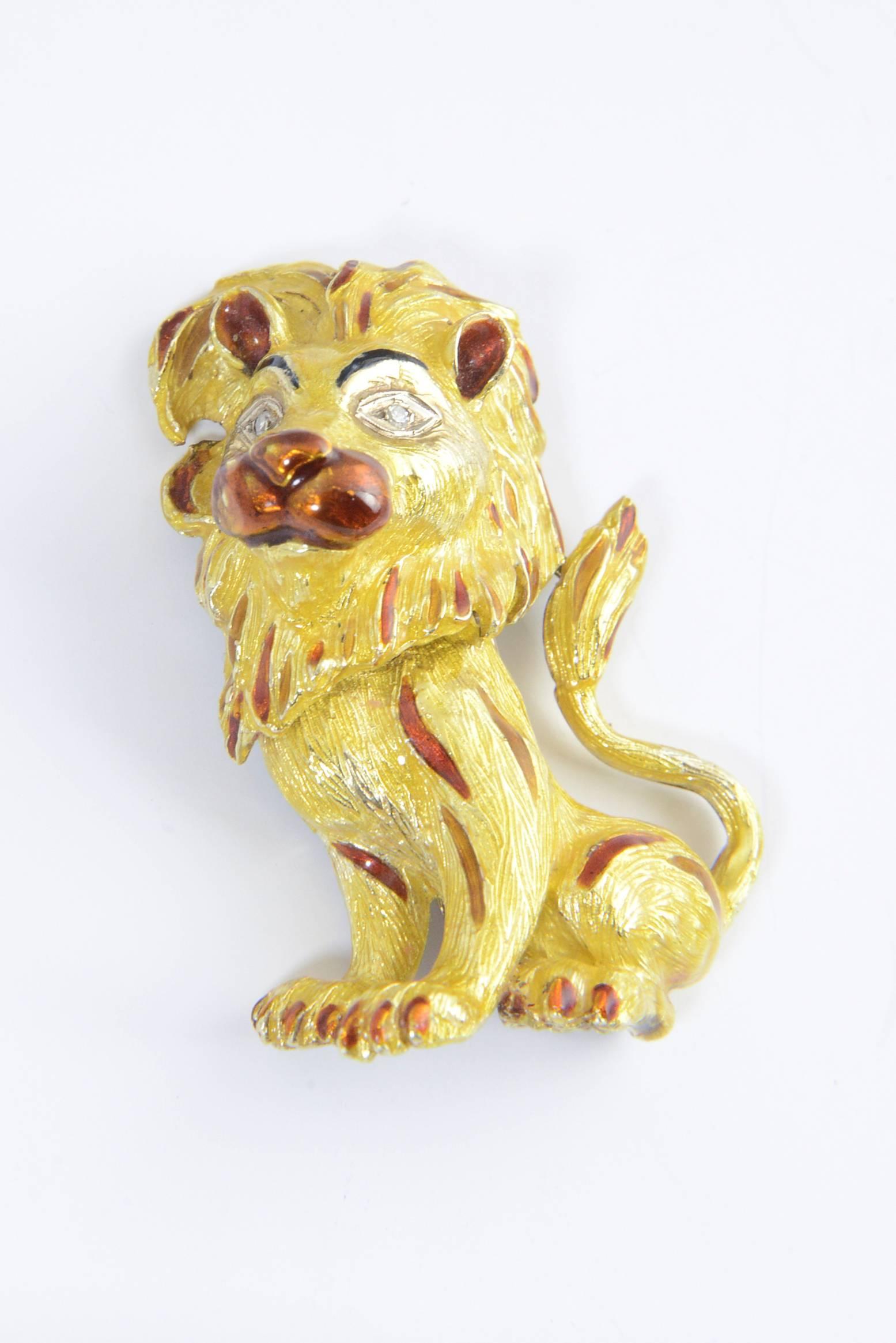 Adorable Large 14K yellow gold and enamel lion brooch with diamond eyes.  Perfect for an animal lover or a Leo.