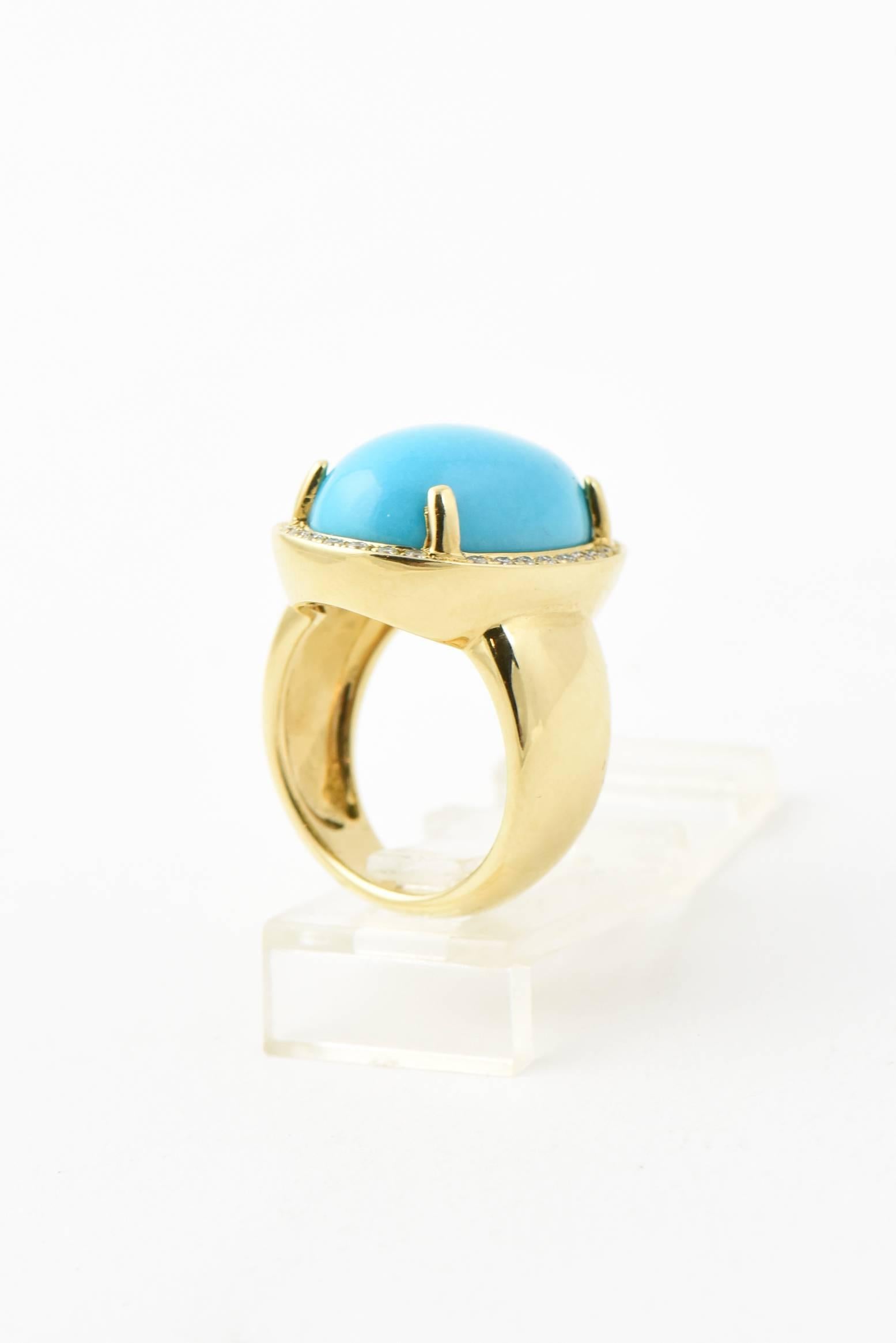 Rina Limor
Oval Precious Turquoise Cabochon Ring with Diamonds, Size 5.75
Ring by Rina Limor Fine Jewelry.
18-karat yellw gold tapered band.
Prong-set, Turquoise cabochon surronded a row of pavé white diamonds trim.

approx. 8