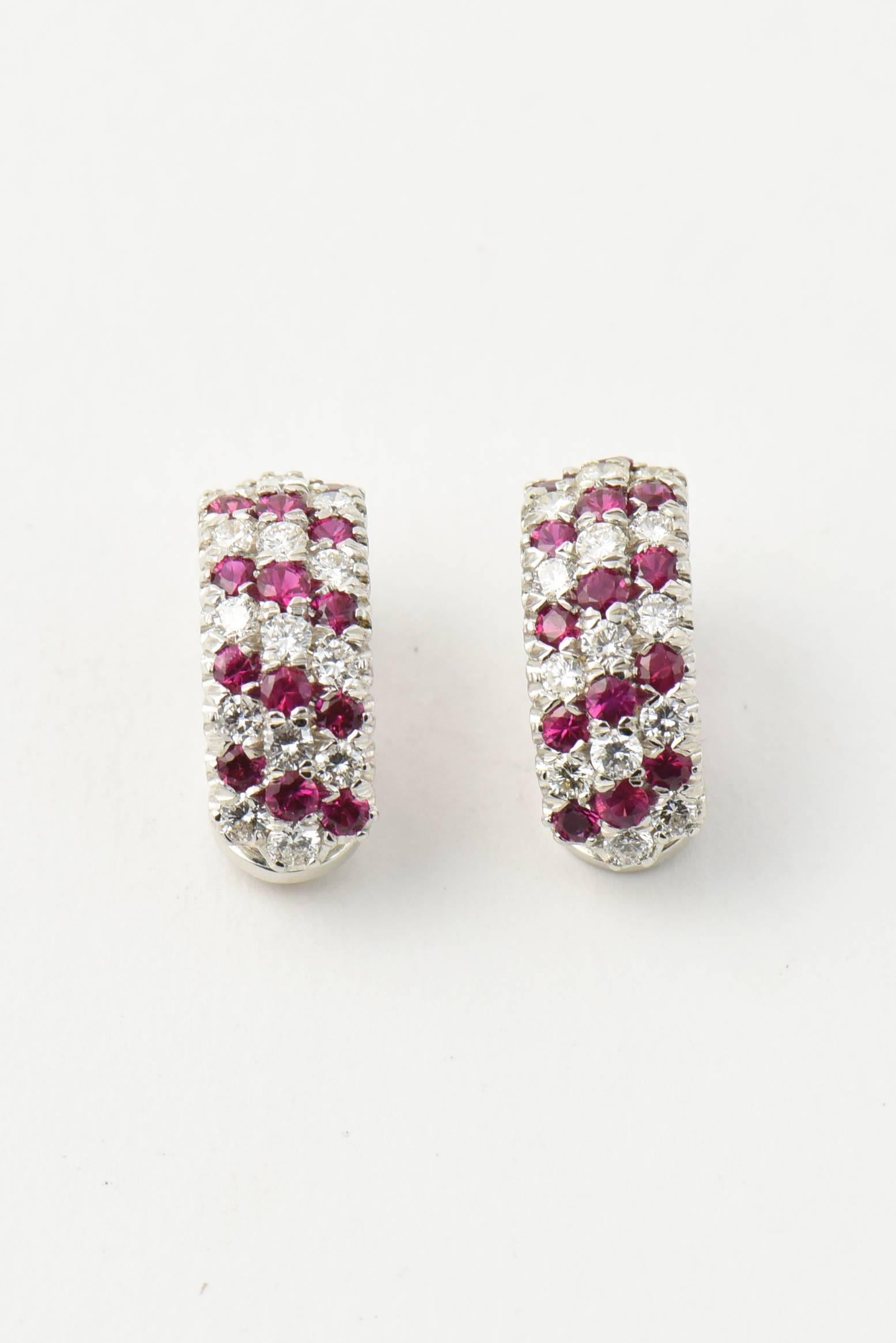 Round Cut Ruby Diamond White Gold Huggie Clip-On Earrings and Ring Suite For Sale