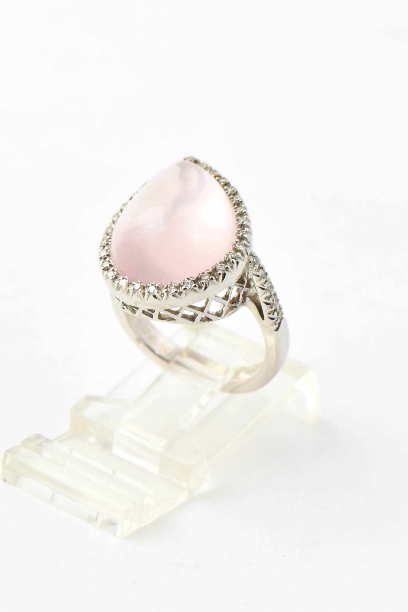 Favero Rose Quartz and Diamond Gold Offset Cocktail Ring For Sale 1