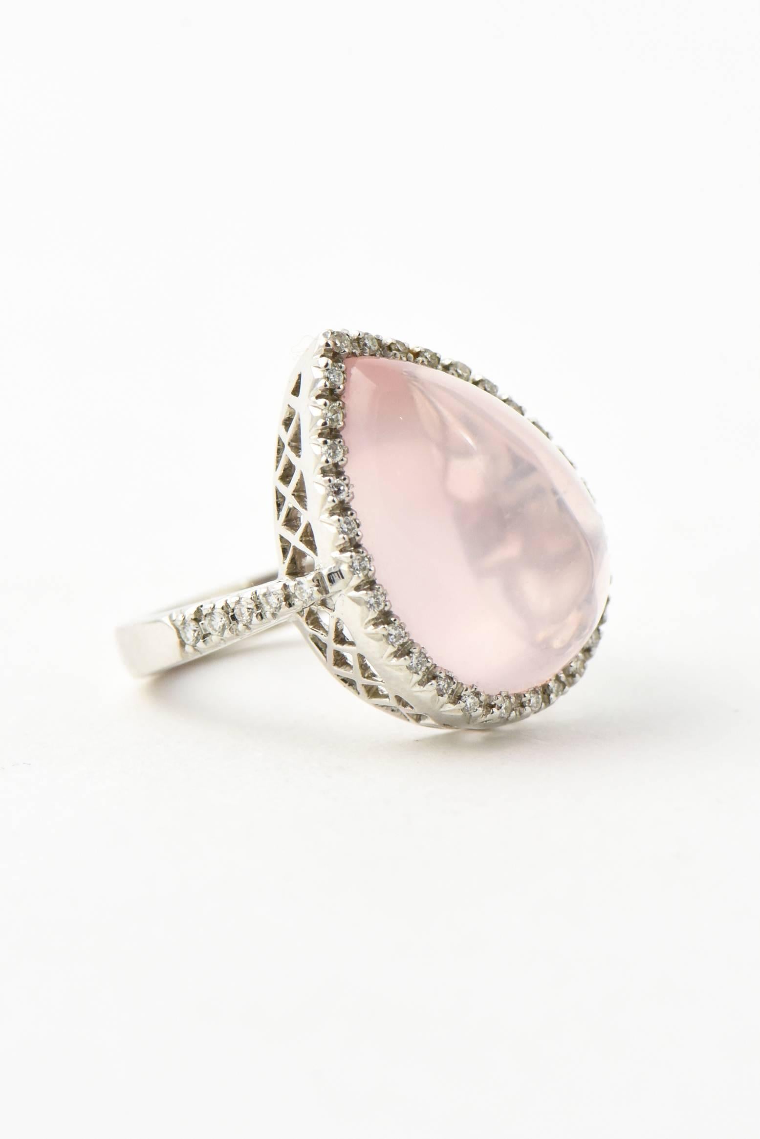 Favero Rose Quartz and Diamond Gold Offset Cocktail Ring For Sale 2