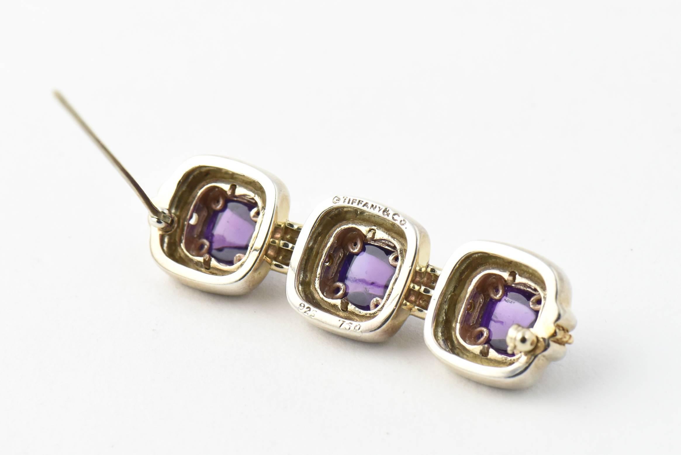 Tiffany & Co. Triple Sugarloaf Amethyst Sterling Gold Brooch  For Sale 3