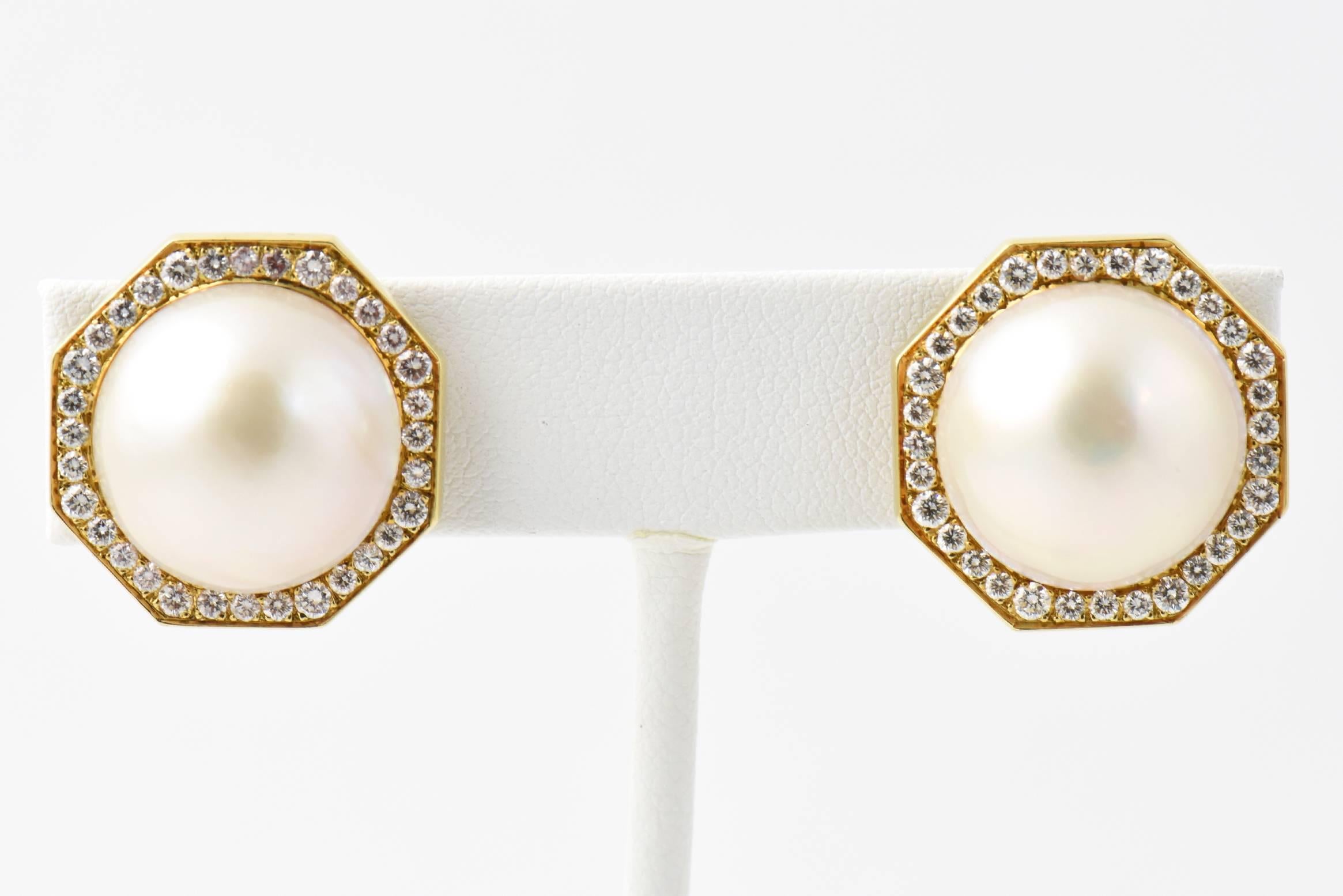 Cellino Mabe Pearl Diamond Gold Octagon Earclip Earrings 1