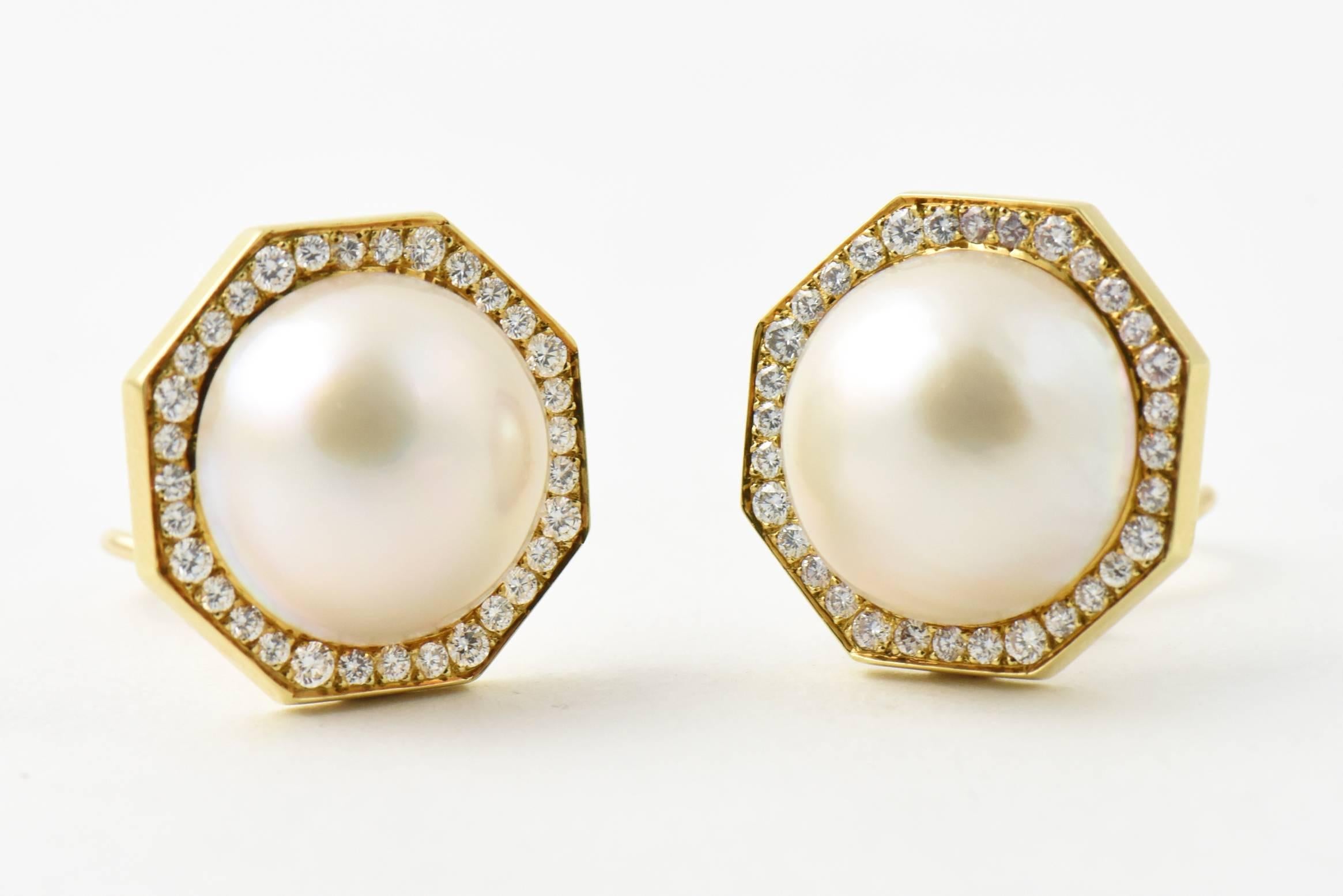 Cellino Mabe Pearl Diamond Gold Octagon Earclip Earrings 3