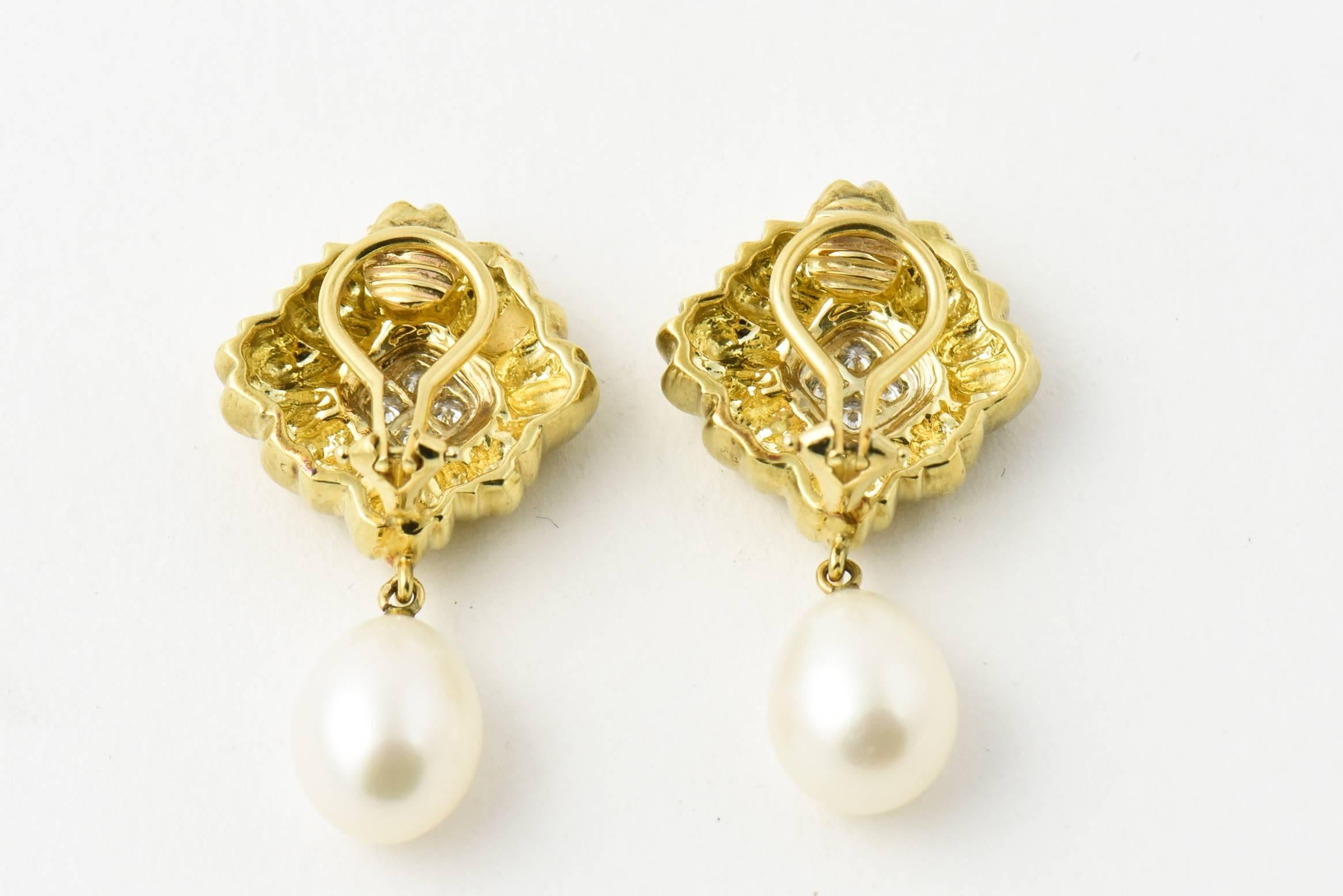 Stylized Diamond Gold Flower Earrings with Pearl Drops 1