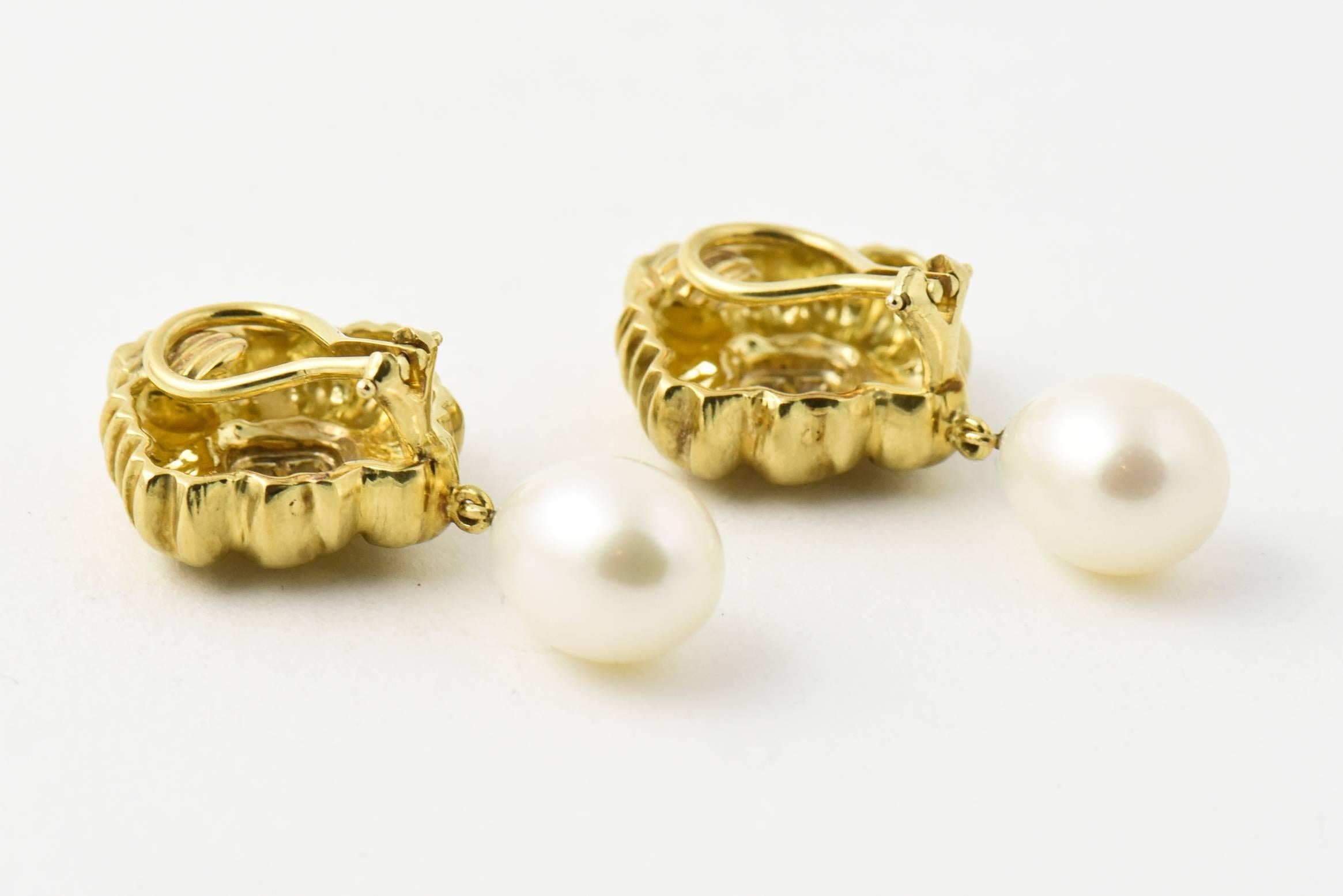 Stylized Diamond Gold Flower Earrings with Pearl Drops 2