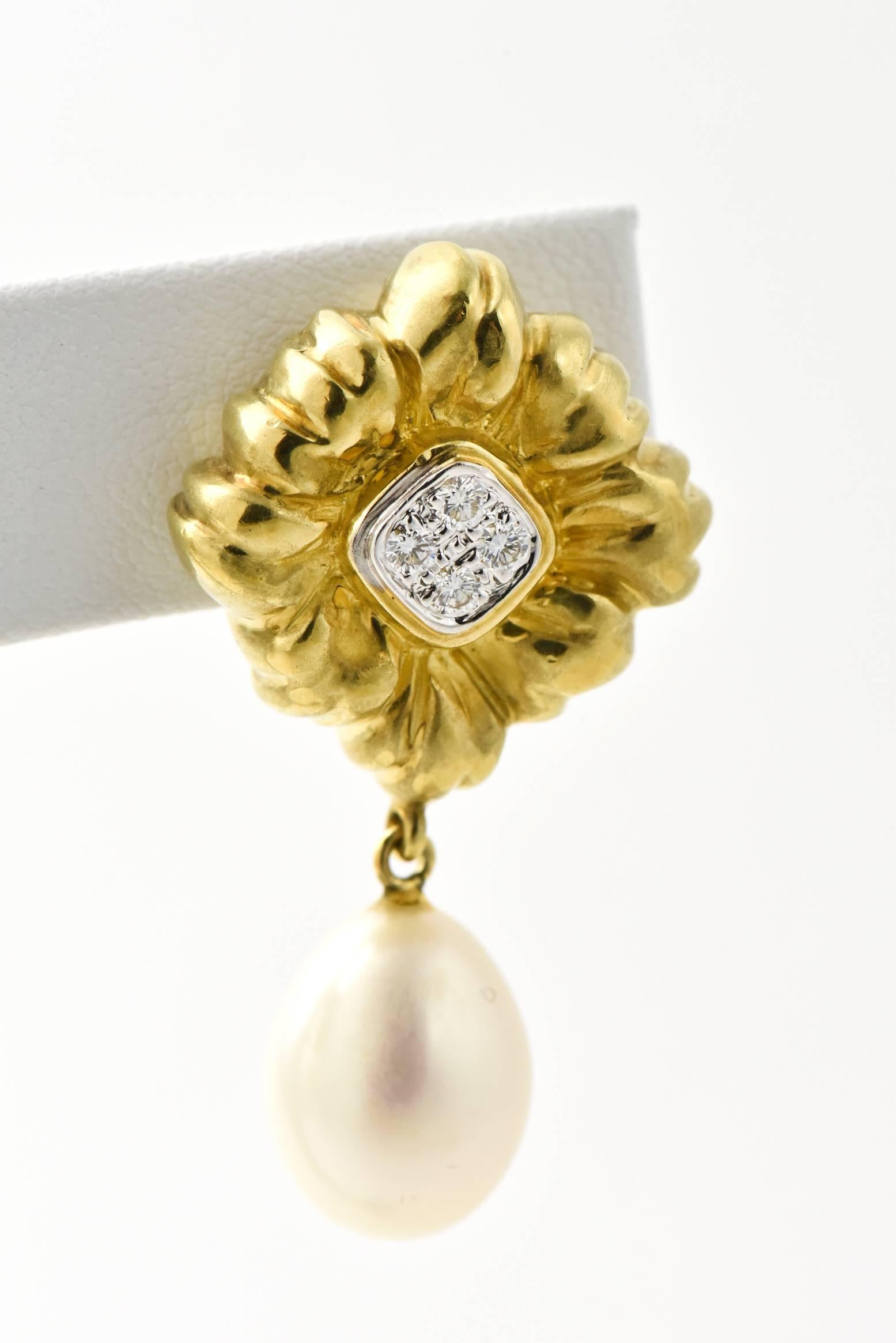 Stylized Diamond Gold Flower Earrings with Pearl Drops 3