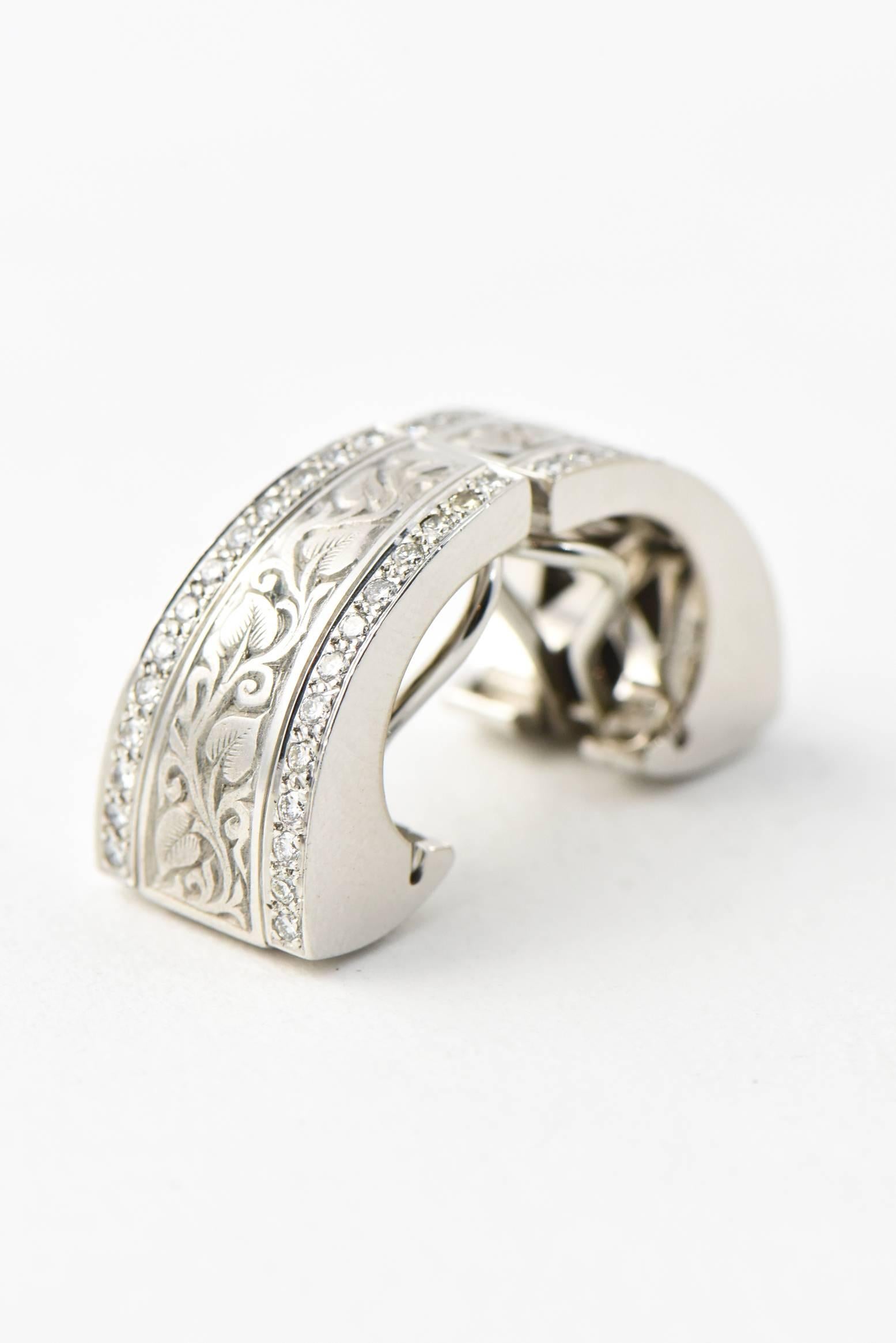 Women's Engraved Vine Design Gold Earrings with Diamond Edges