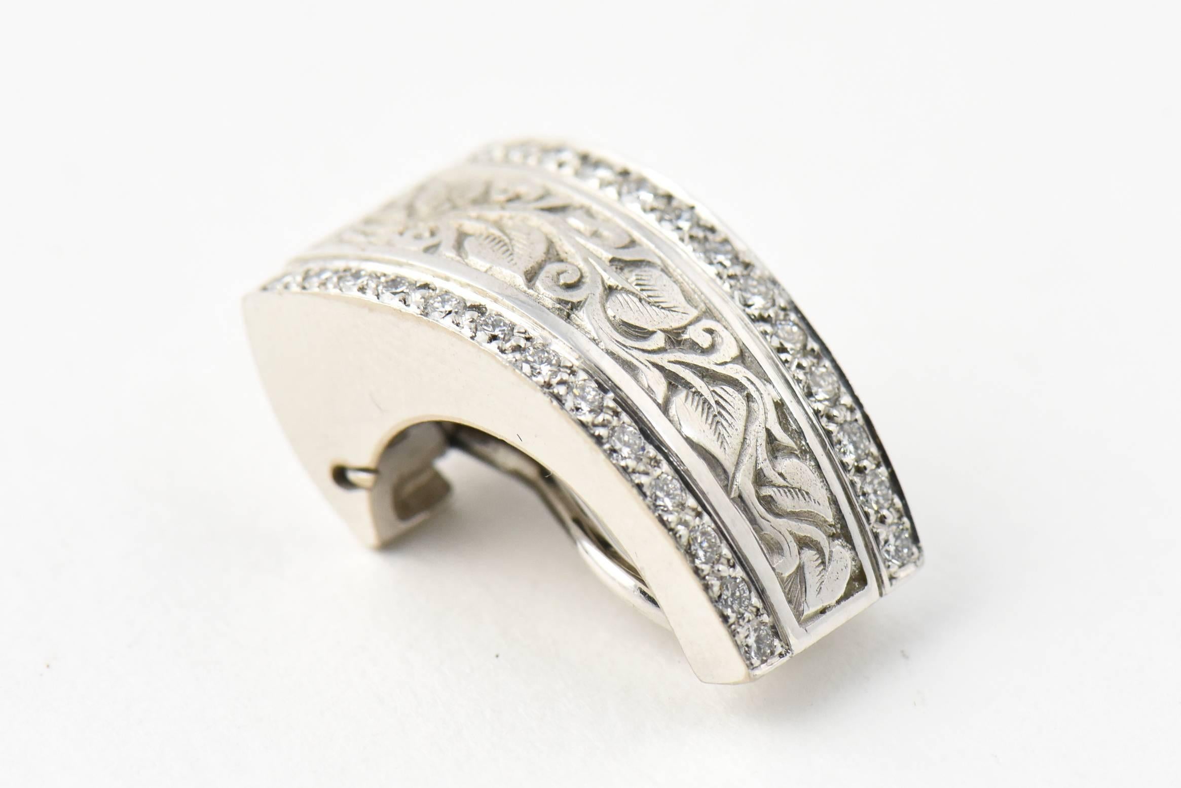 Engraved Vine Design Gold Earrings with Diamond Edges 2