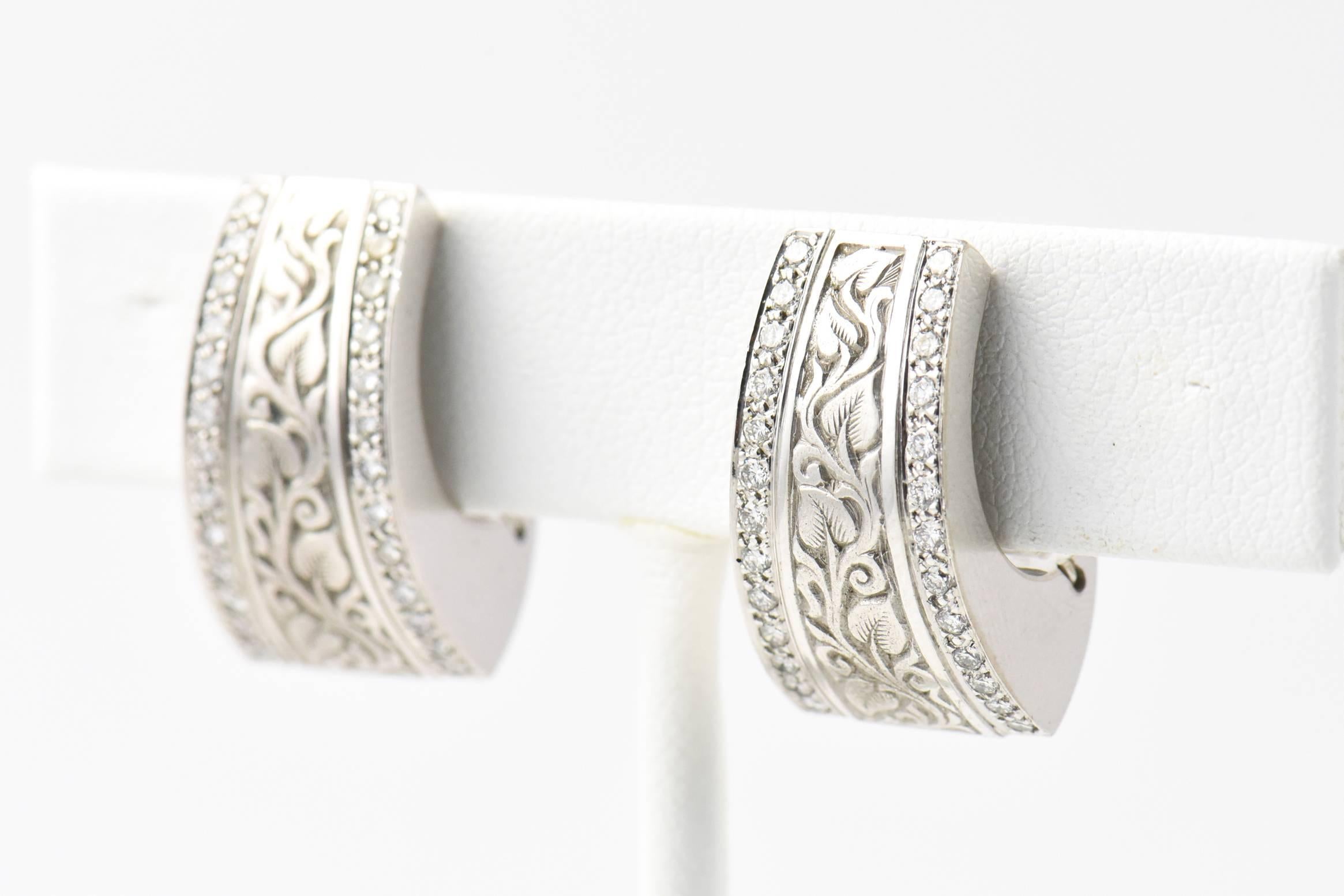 Engraved Vine Design Gold Earrings with Diamond Edges 4