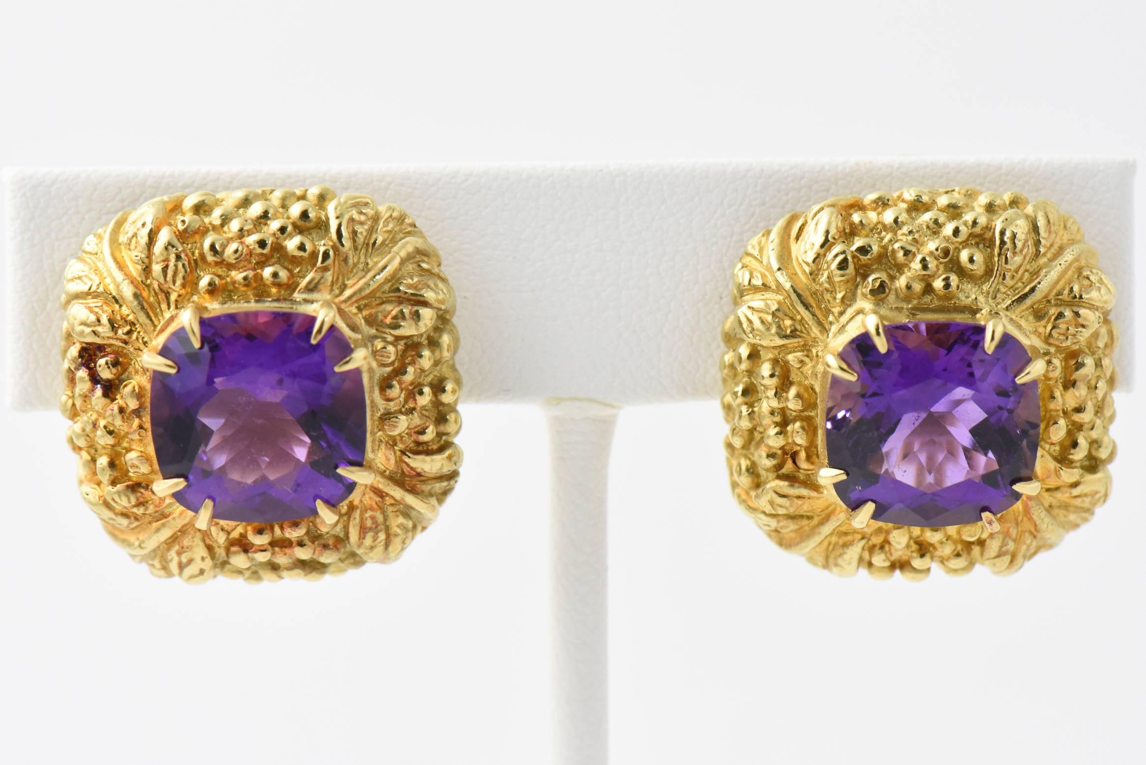 Cushion Cut Highly Stylized Amethyst Gold Square Earclips Earrings