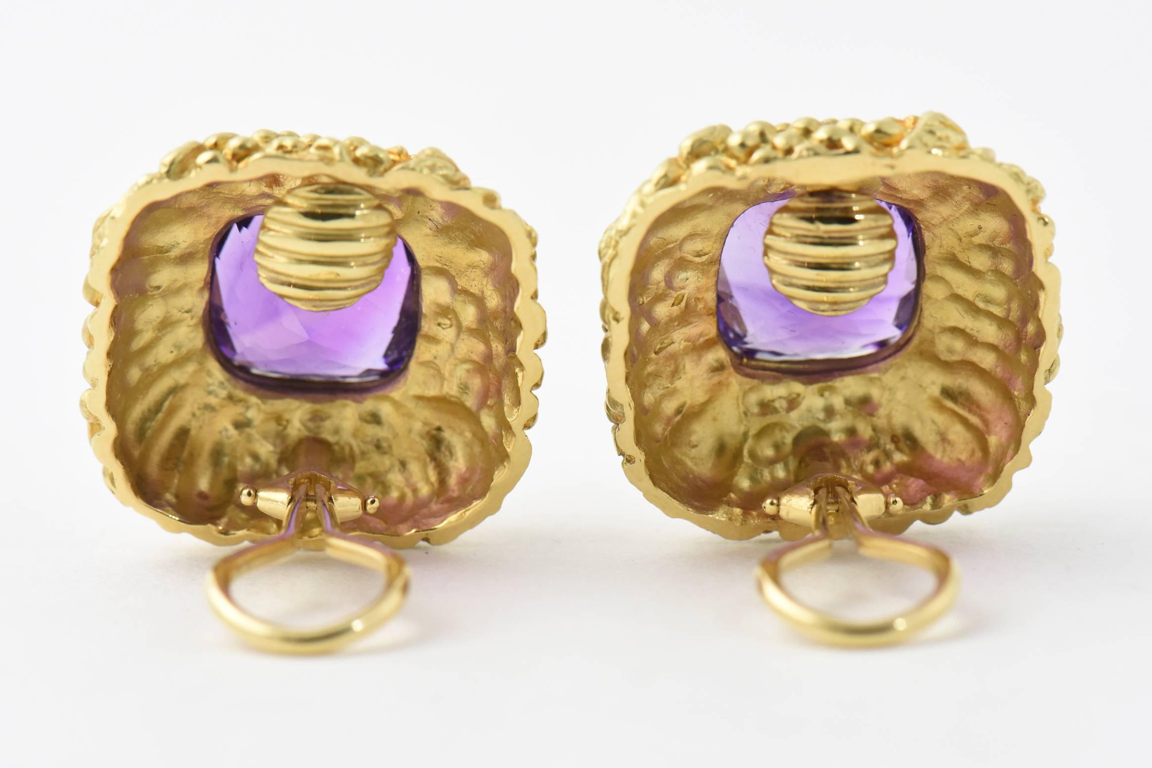Highly Stylized Amethyst Gold Square Earclips Earrings 1