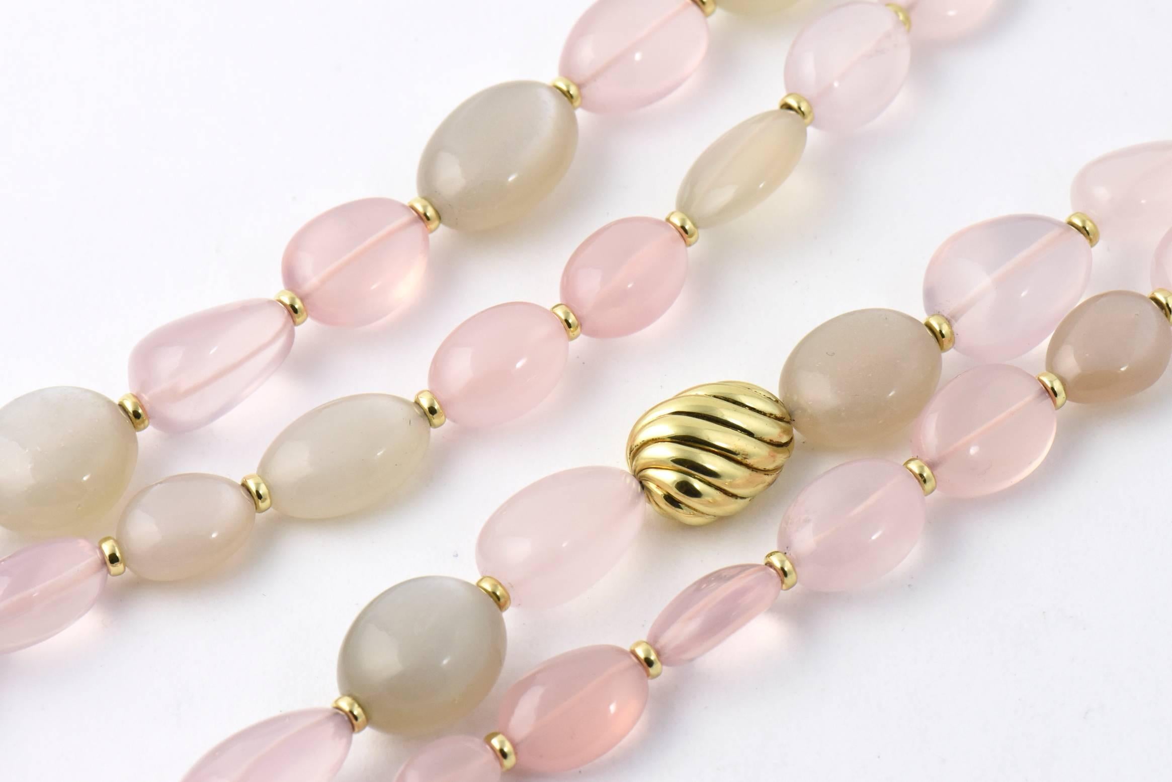 Women's or Men's David Yurman Rose Quartz and Moonstone Sculpted Gold Bead Collection Necklace