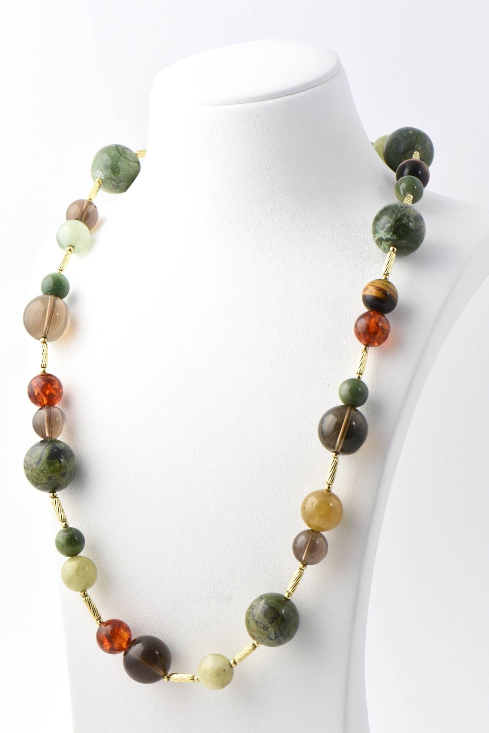 David Yurman Popcorn Necklace 32 inch bead and 18k yellow gold necklace with an 18k gold gold ball and cable beads and a lobster clasp.  All natural stones are mostly varieties of quartz and agate. Very neutral colors that will go with everything.