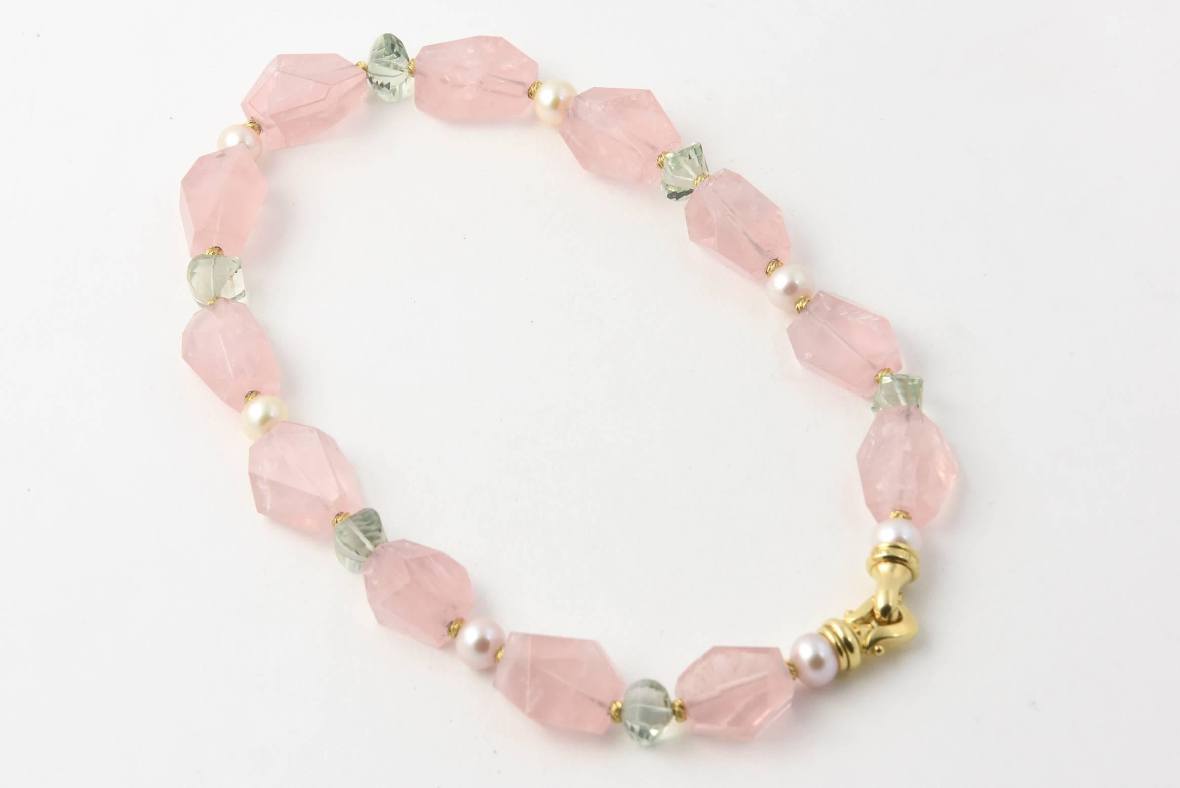 Yurman Signature Bead Collection Rose Quartz, Pearl & Prasiolite Gold Necklace 1