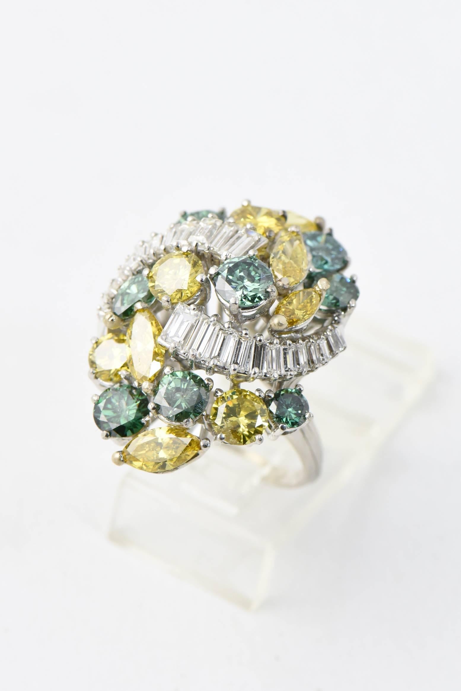 Women's Elongated Yellow and Green Colored Diamonds Platinum Cluster Cocktail Ring