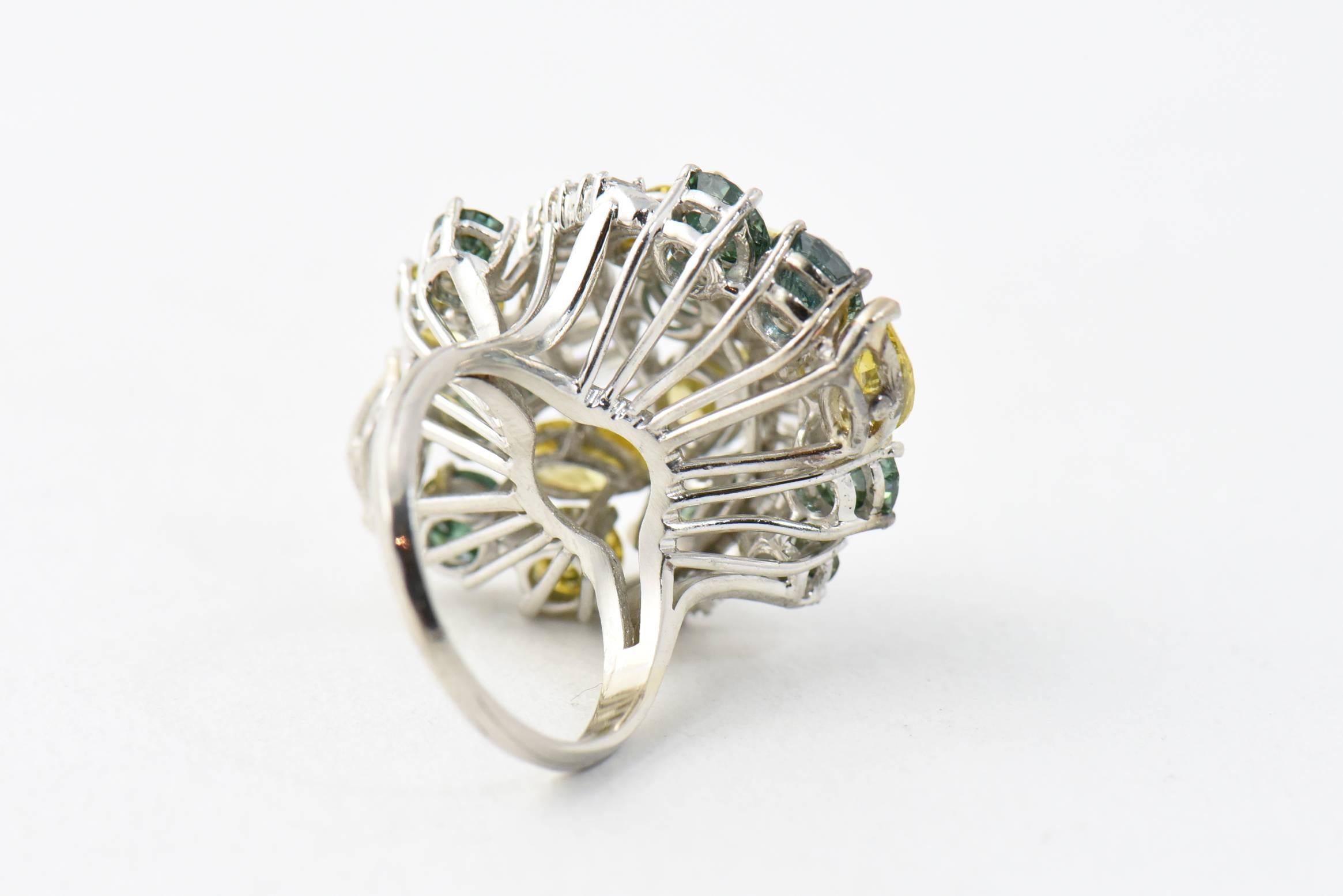 Elongated Yellow and Green Colored Diamonds Platinum Cluster Cocktail Ring In Excellent Condition In Miami Beach, FL