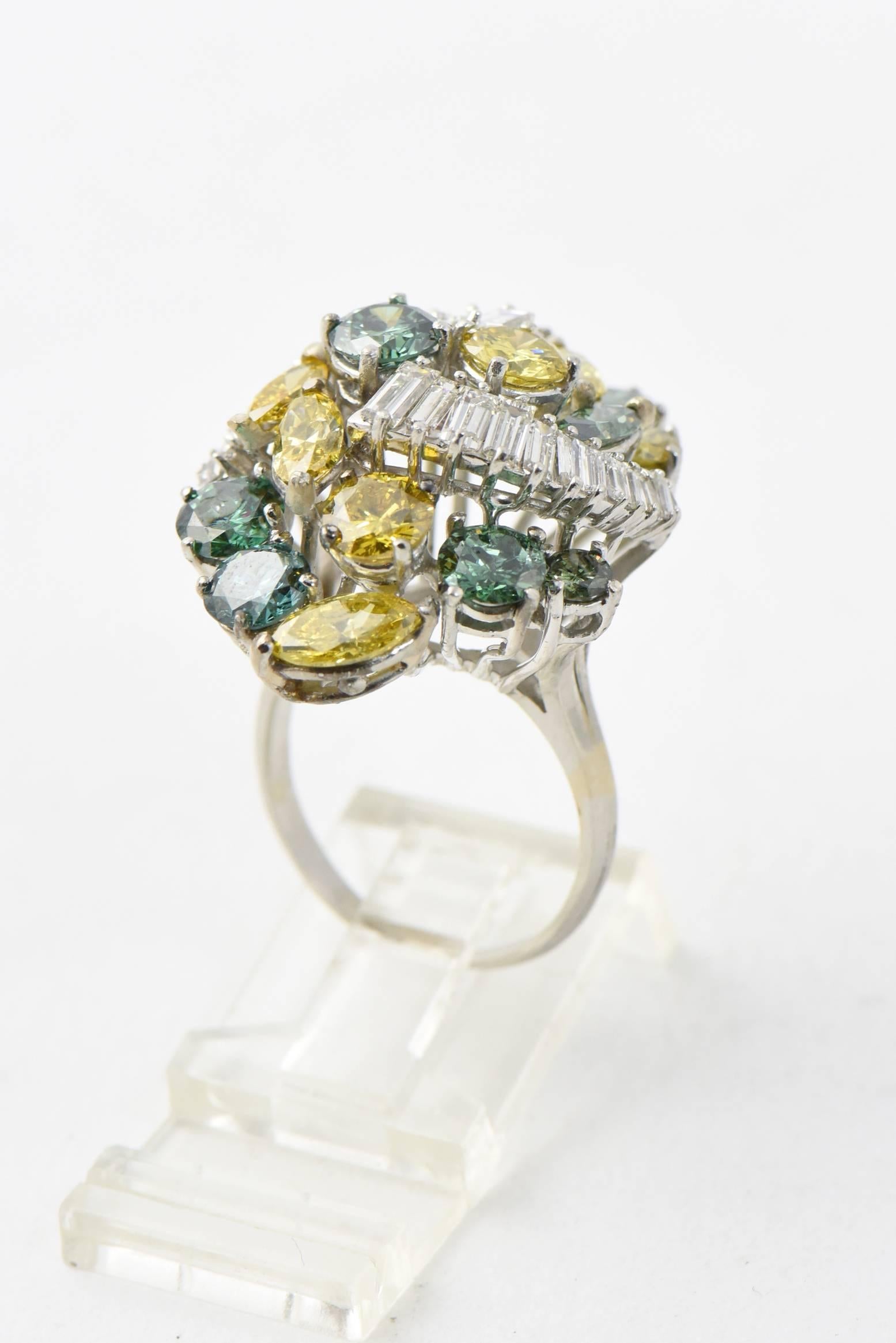 Elongated Yellow and Green Colored Diamonds Platinum Cluster Cocktail Ring 1