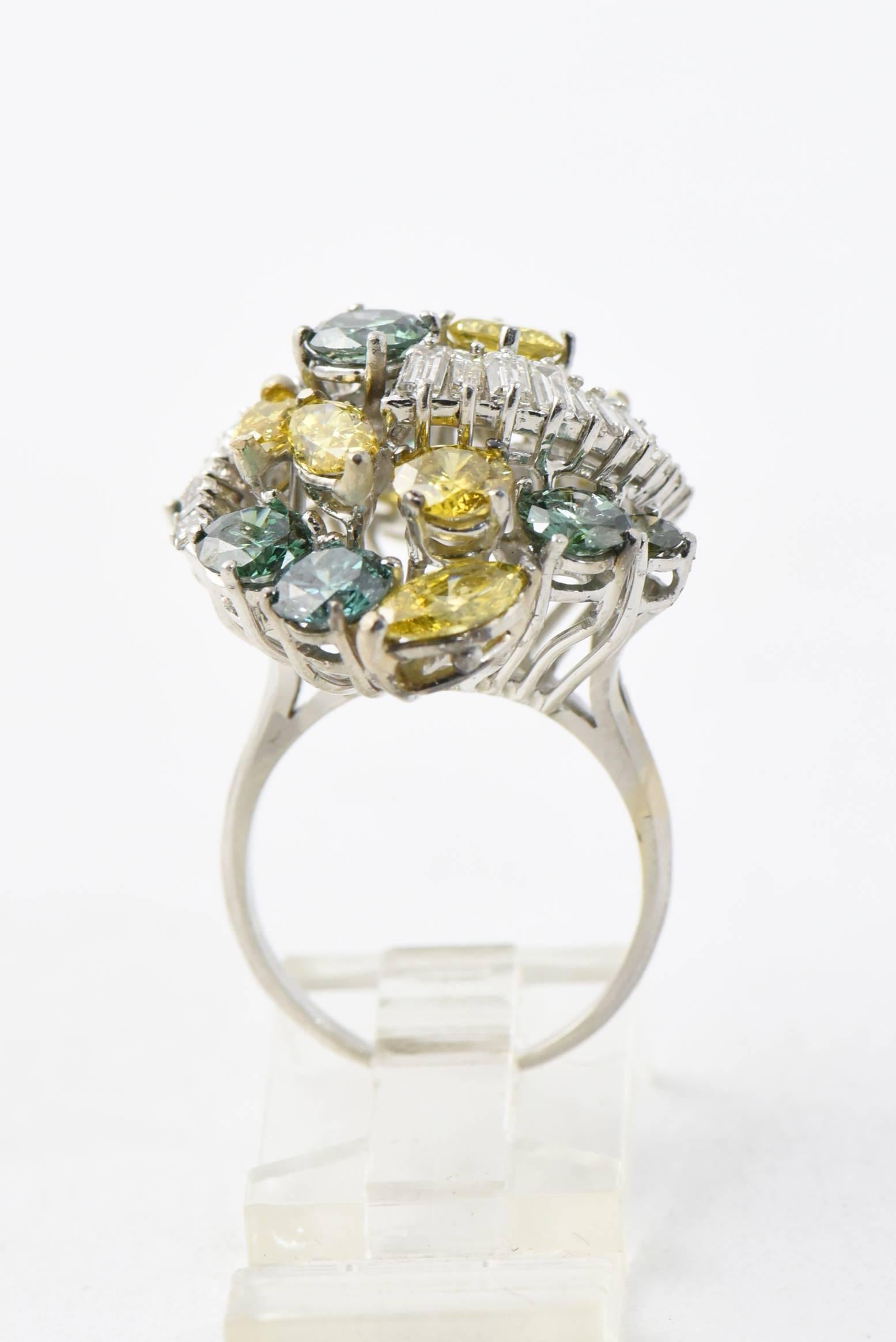 Elongated Yellow and Green Colored Diamonds Platinum Cluster Cocktail Ring 2