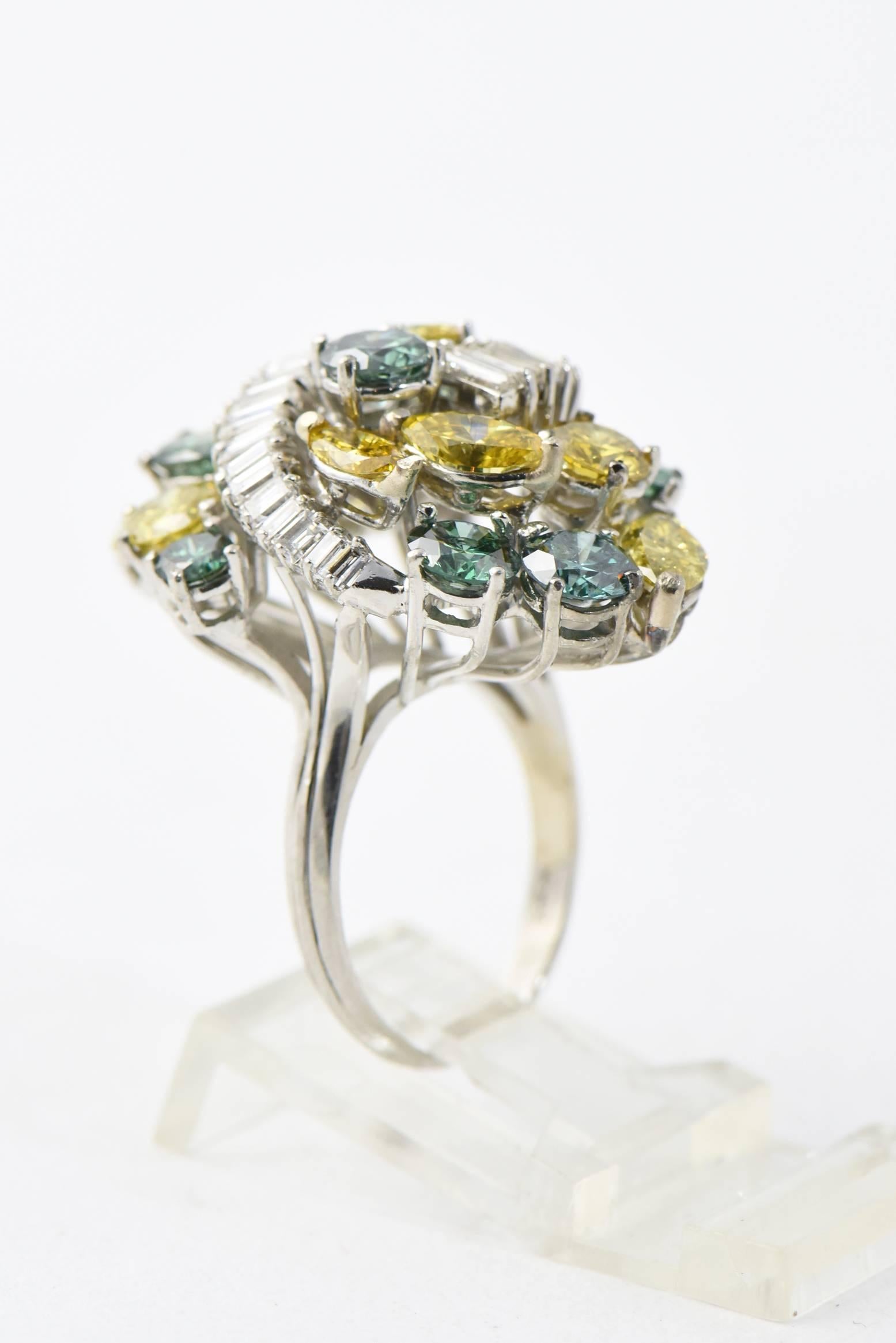 Elongated Yellow and Green Colored Diamonds Platinum Cluster Cocktail Ring 3