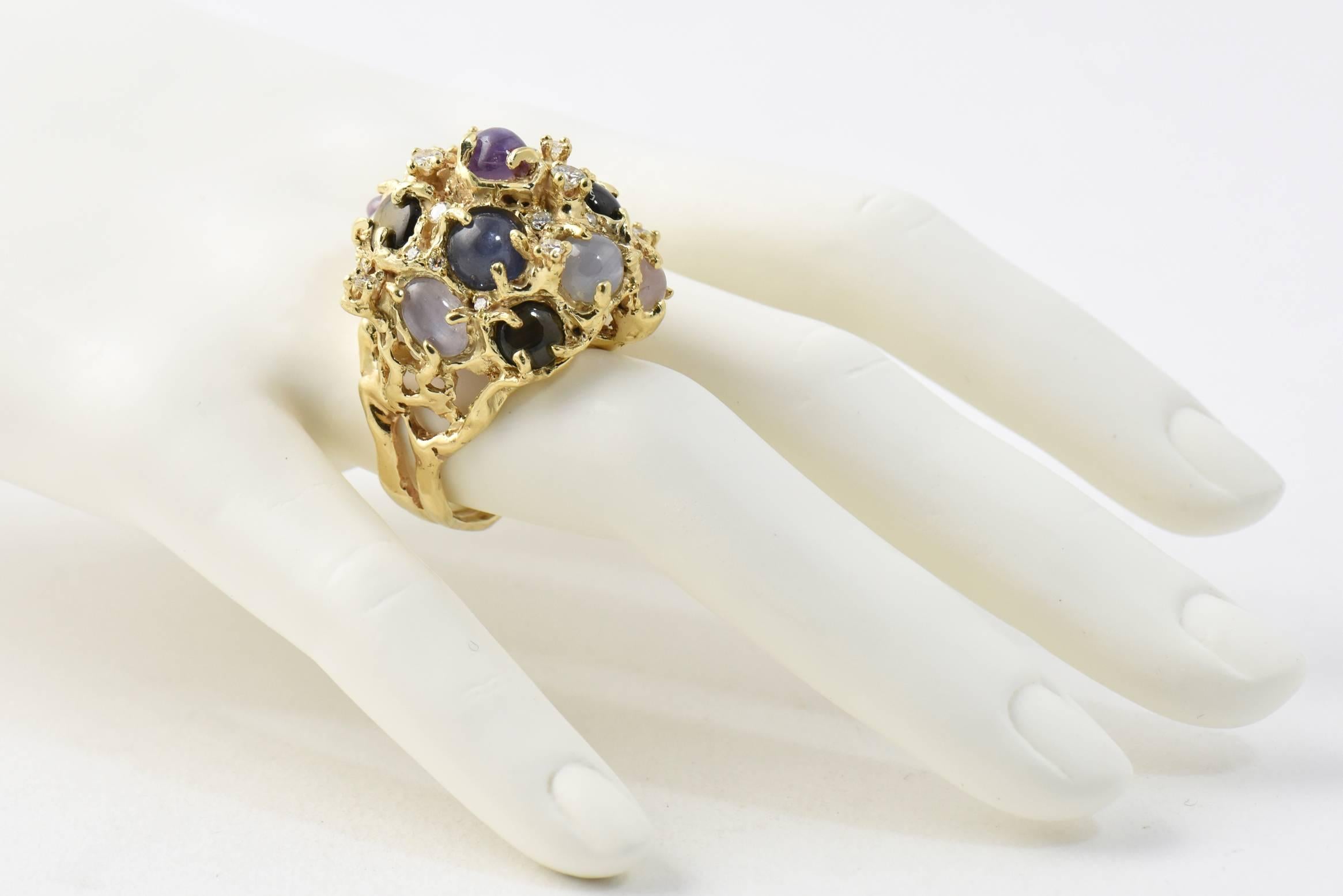Women's 1970s Arthur King Star Sapphires and Diamond Modernist Gold Dome Ring
