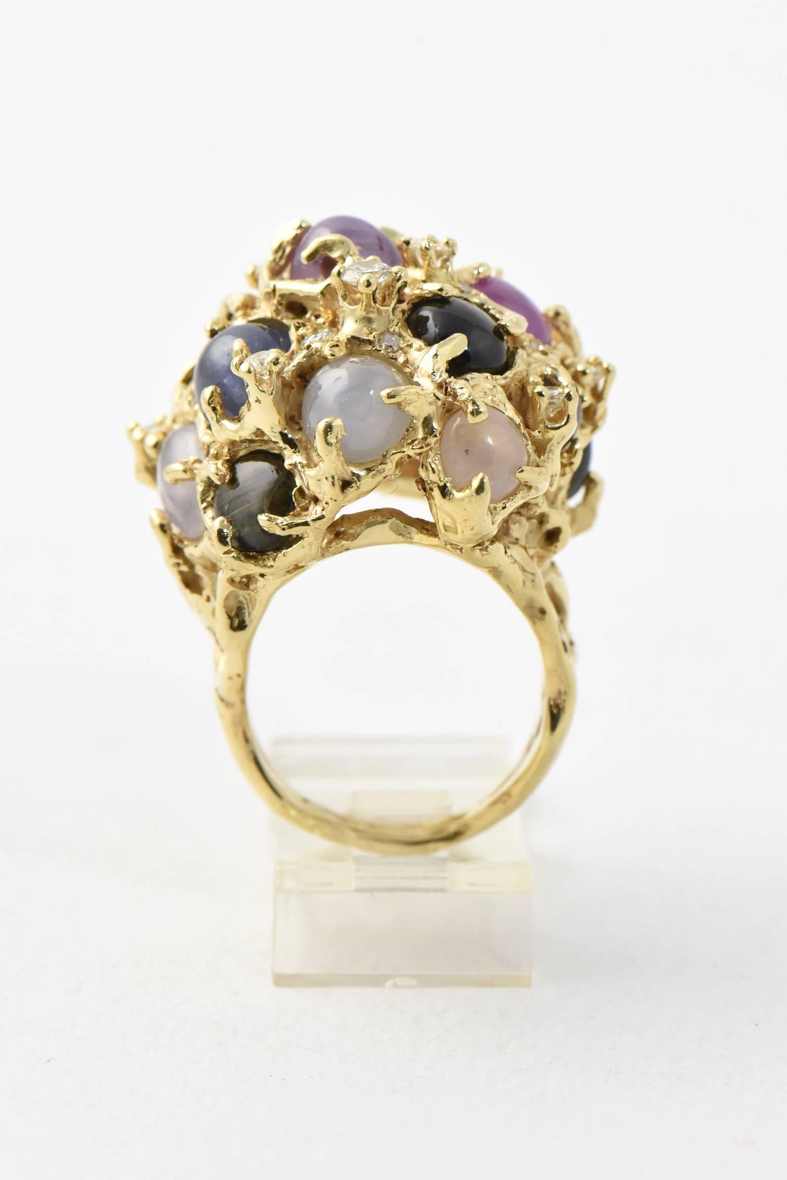 1970s Arthur King Star Sapphires and Diamond Modernist Gold Dome Ring 1