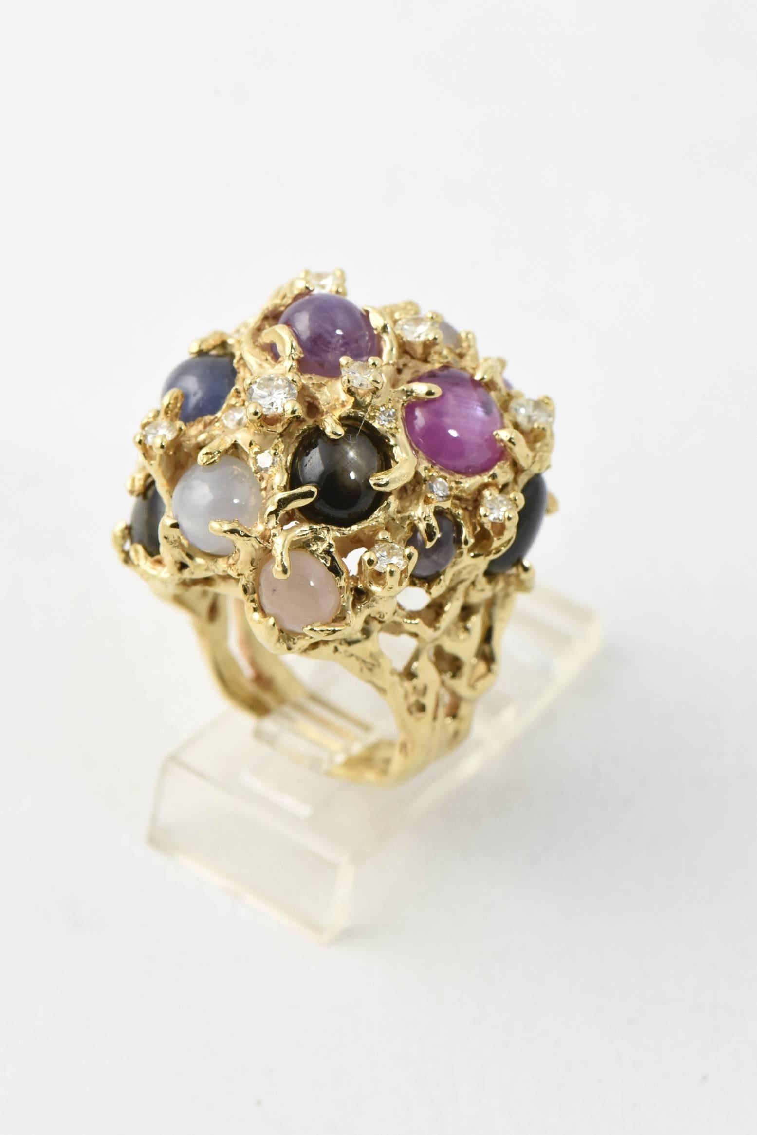 1970s Arthur King Star Sapphires and Diamond Modernist Gold Dome Ring 2