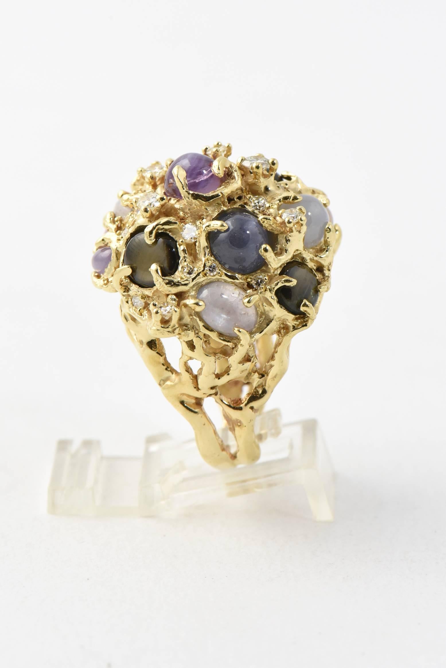 1970s Arthur King Star Sapphires and Diamond Modernist Gold Dome Ring 4