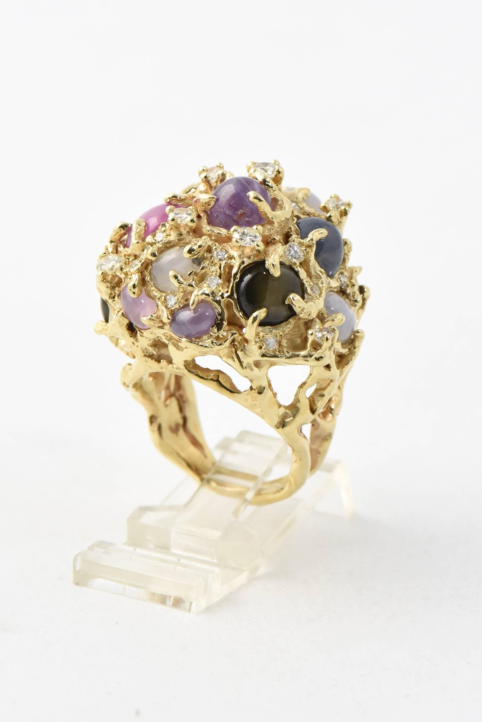 1970s Arthur King Star Sapphires and Diamond Modernist Gold Dome Ring 5