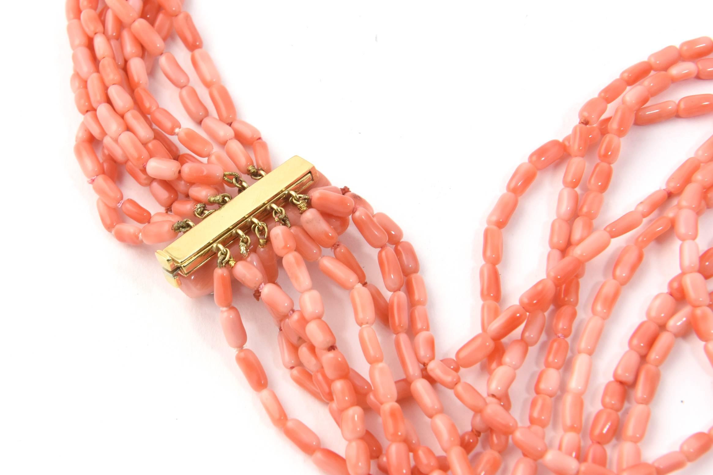Women's Cellini Diamond Studded Coral Branch Clasp on Multistrand Coral Bead Necklace For Sale
