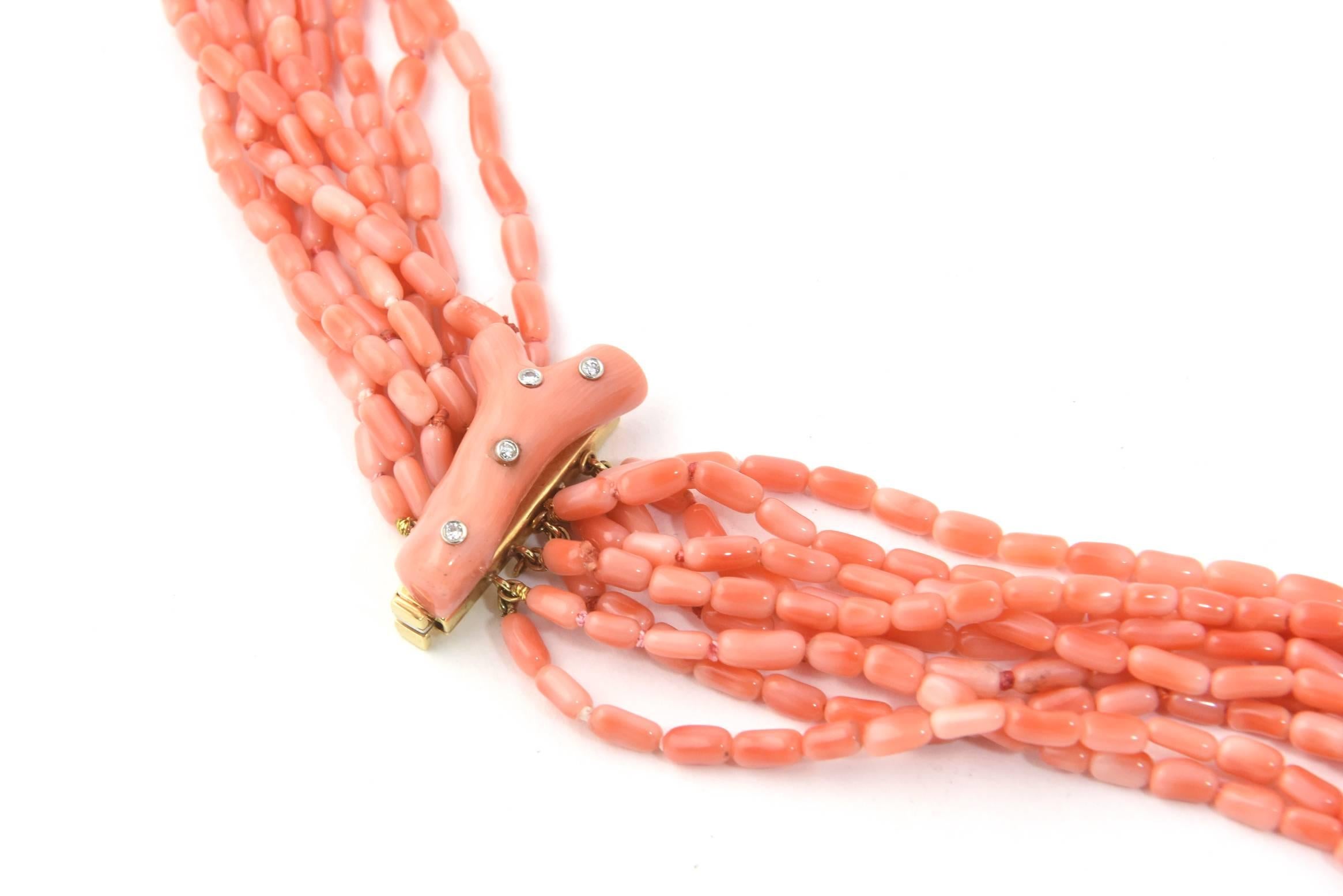 Cellini Diamond Studded Coral Branch Clasp on Multistrand Coral Bead Necklace For Sale 1