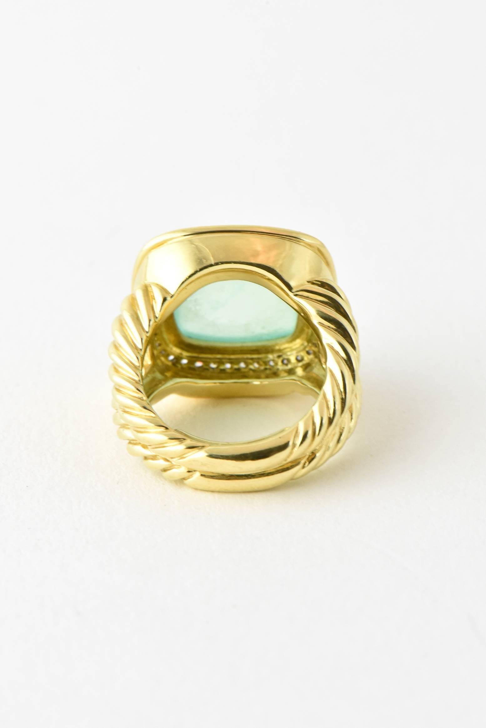 David Yurman Large Aqua Chalcedony Diamond Albion Gold Cocktail Ring In Excellent Condition In Miami Beach, FL