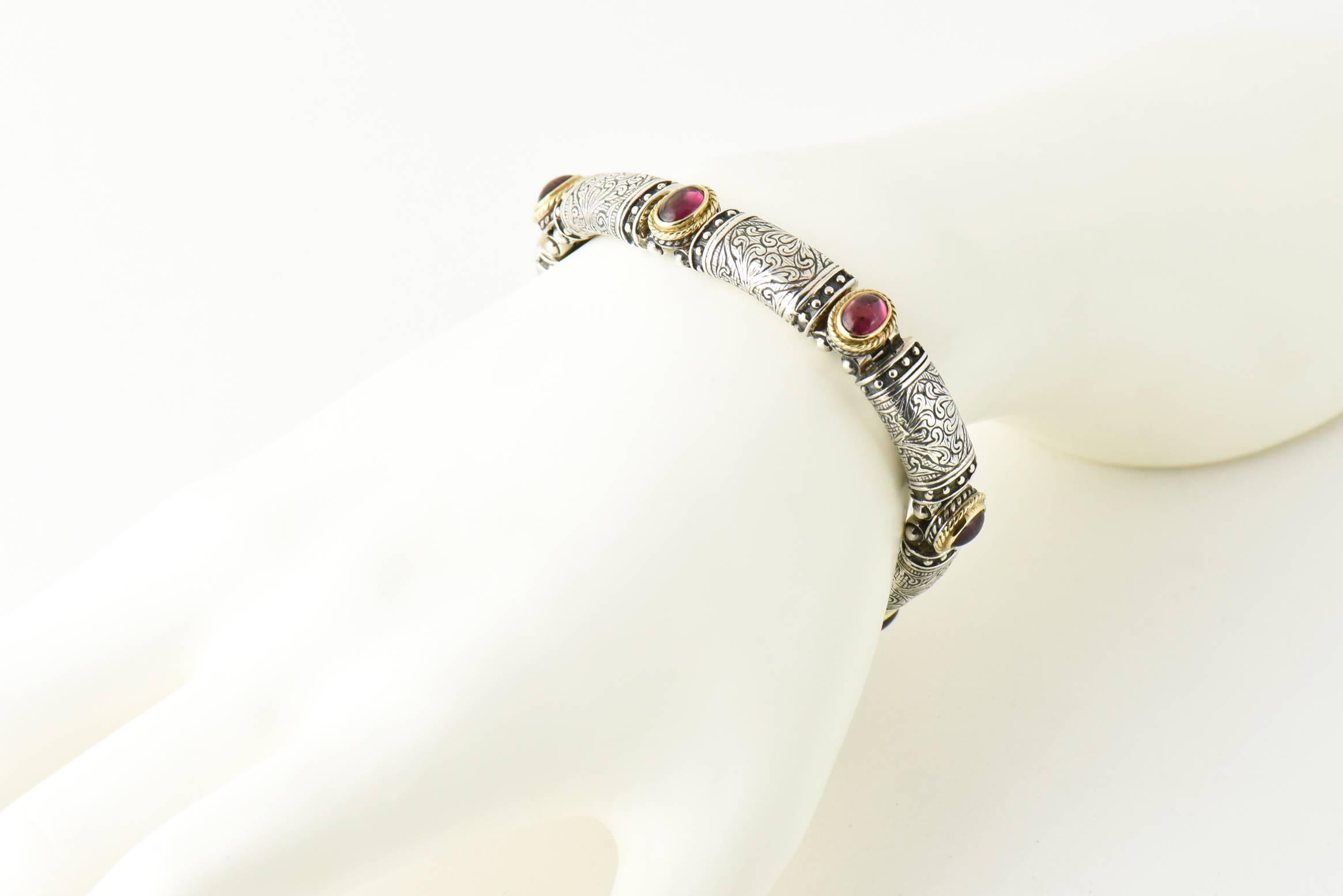 Konstantino Classic Collection Pink Tourmaline, Silver and Gold Link Bracelet In Excellent Condition In Miami Beach, FL