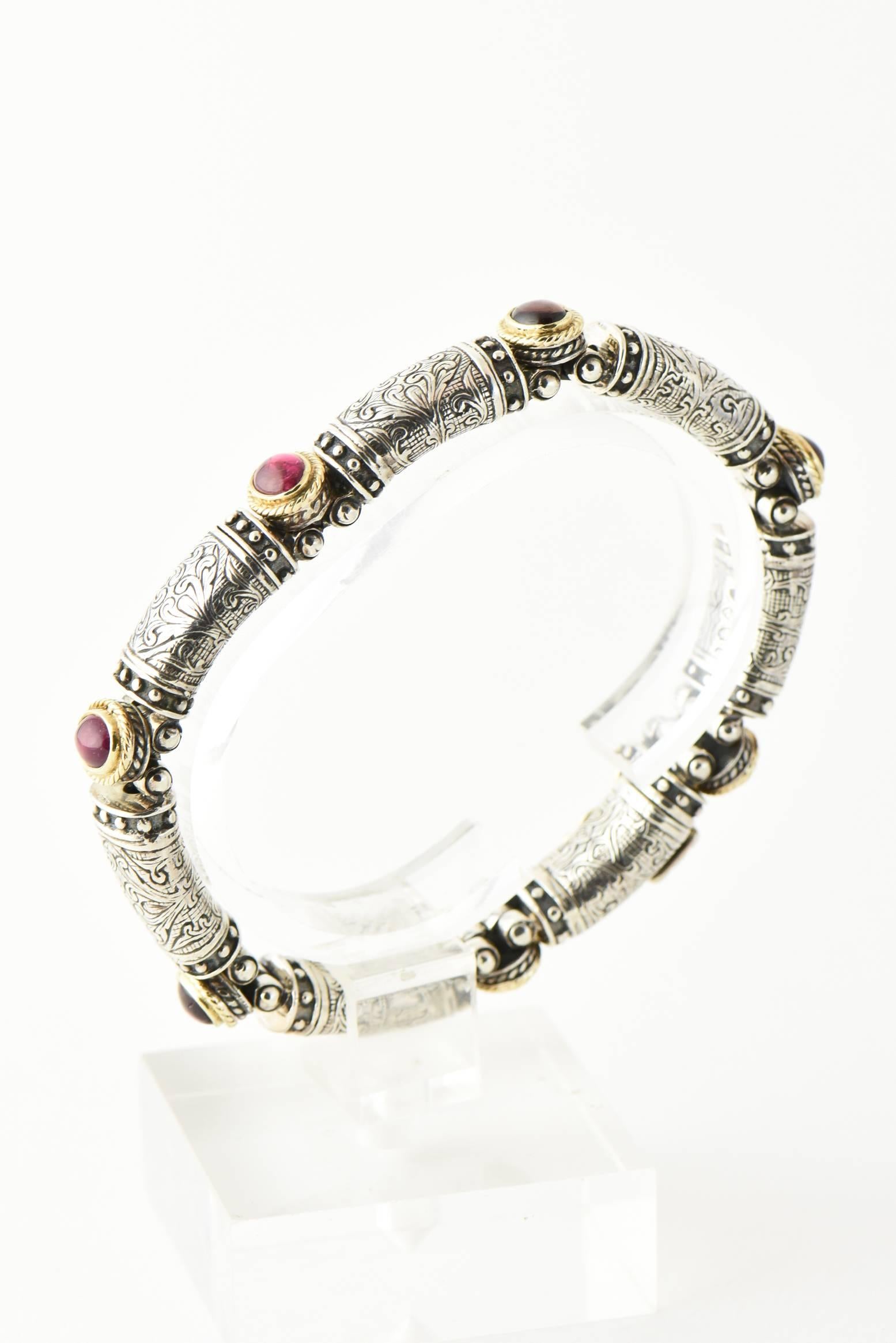 Women's or Men's Konstantino Classic Collection Pink Tourmaline, Silver and Gold Link Bracelet