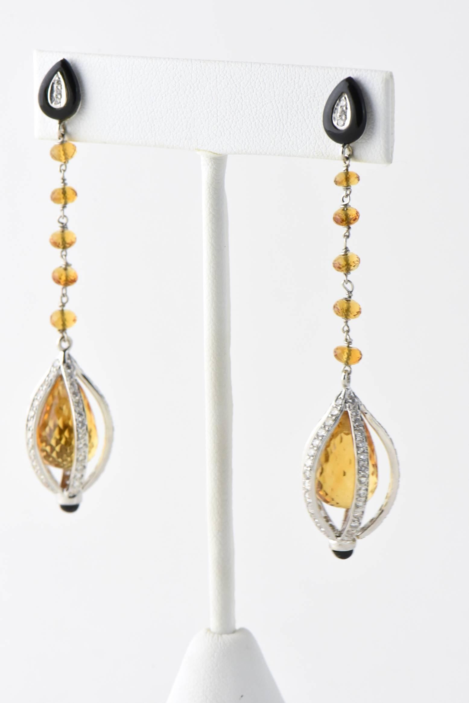  Citrine Onyx and Diamond Drop Gold Earrings In New Condition In Miami Beach, FL