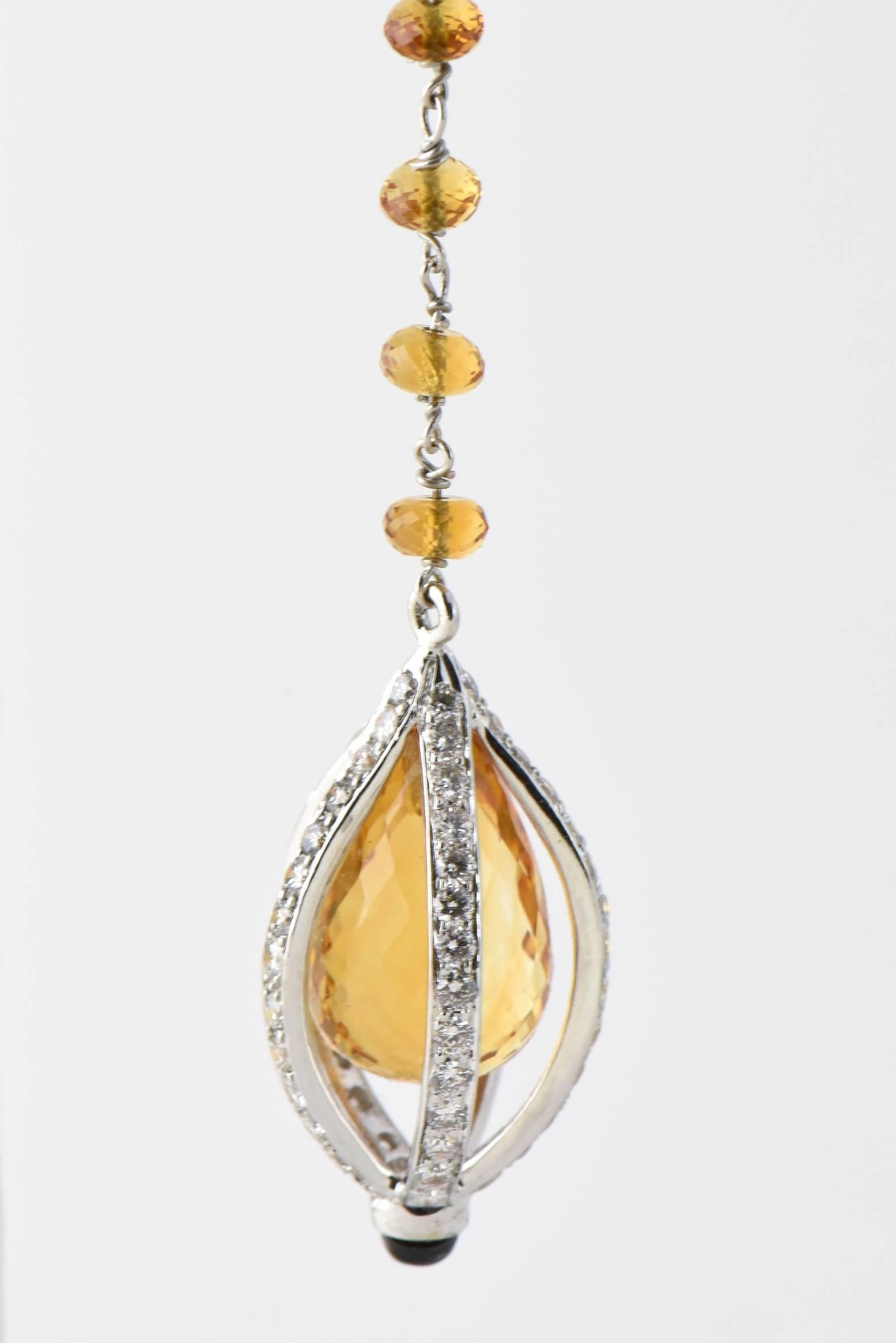 Women's  Citrine Onyx and Diamond Drop Gold Earrings