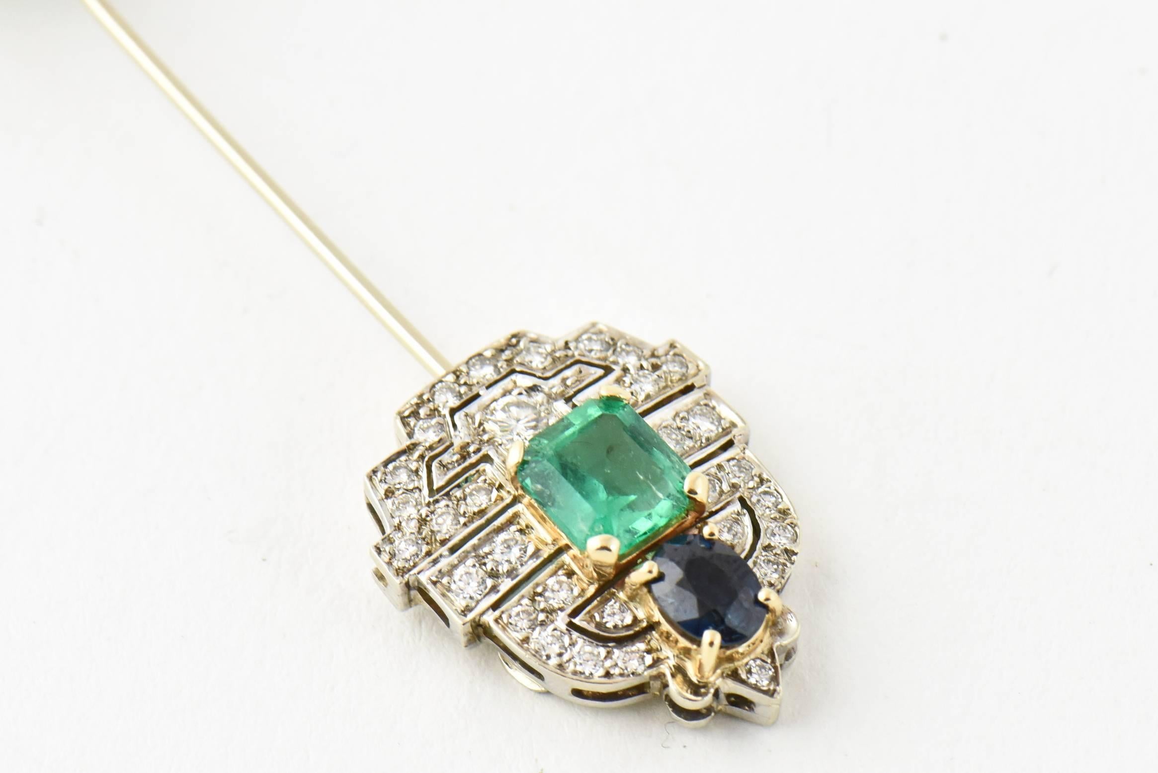 Round Cut Emerald Ruby Sapphire Diamond Gold Jabot Pin Brooch