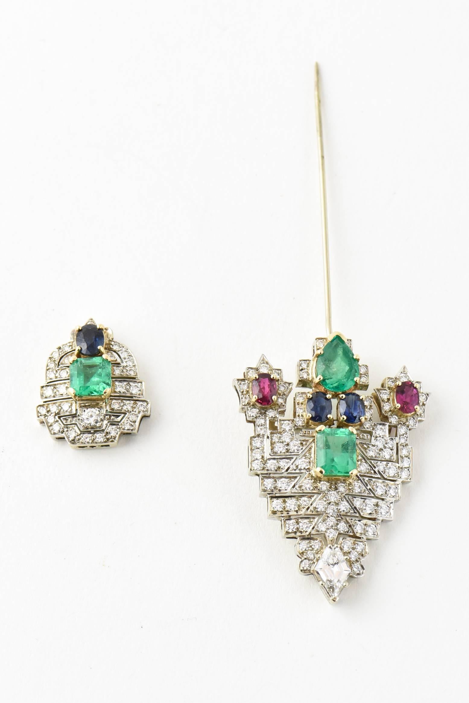 Art Deco Emerald Ruby Sapphire Diamond Gold Jabot Pin Brooch