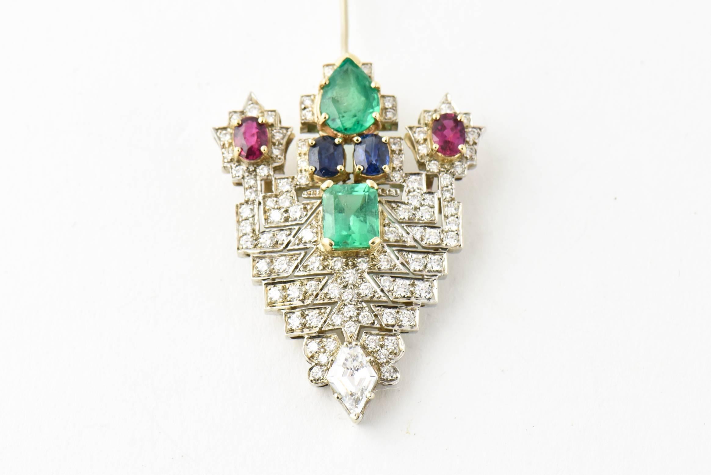 Emerald Ruby Sapphire Diamond Gold Jabot Pin Brooch In Good Condition In Miami Beach, FL